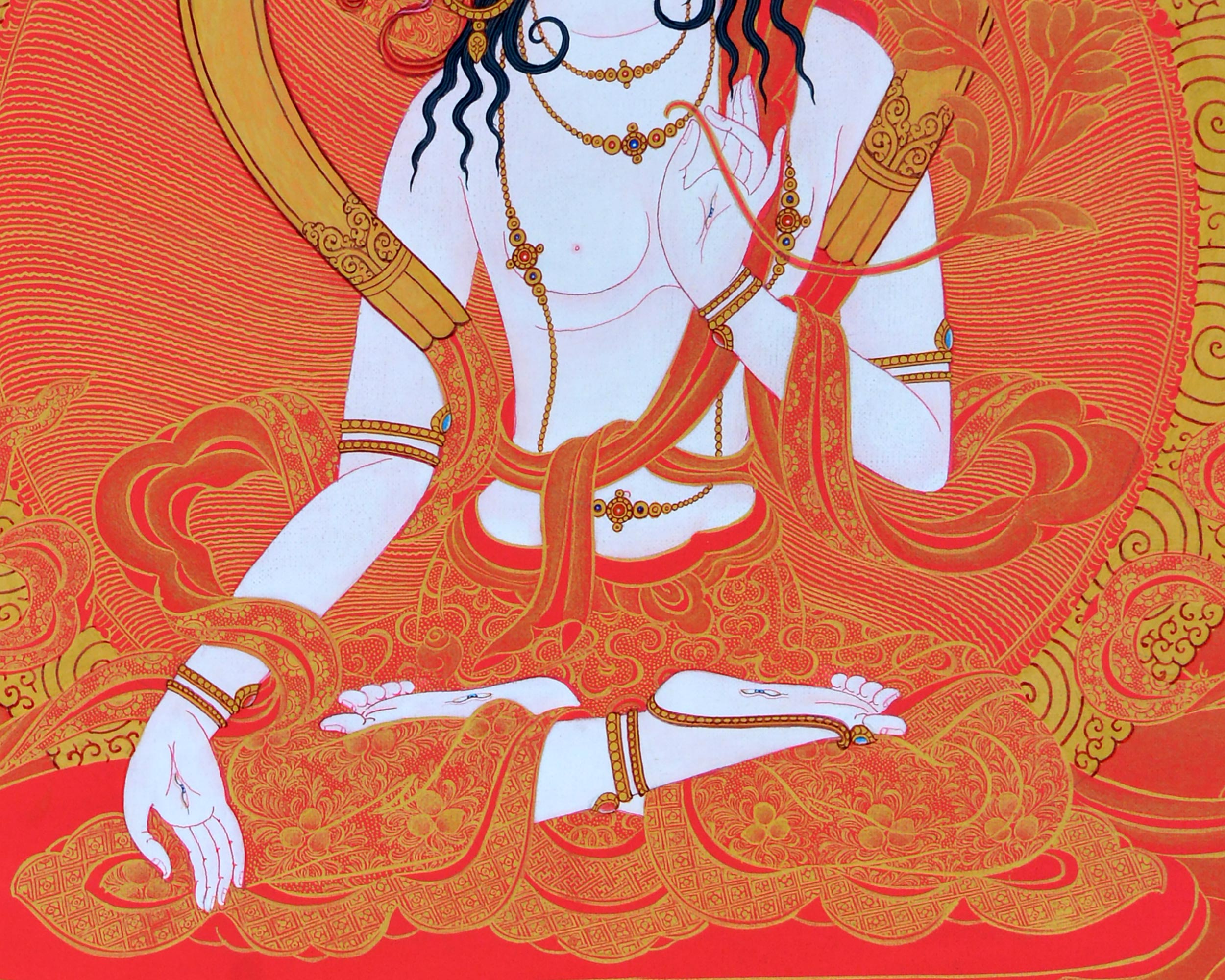 Tibetan White Tara Thangka | Tara In Red and Gold