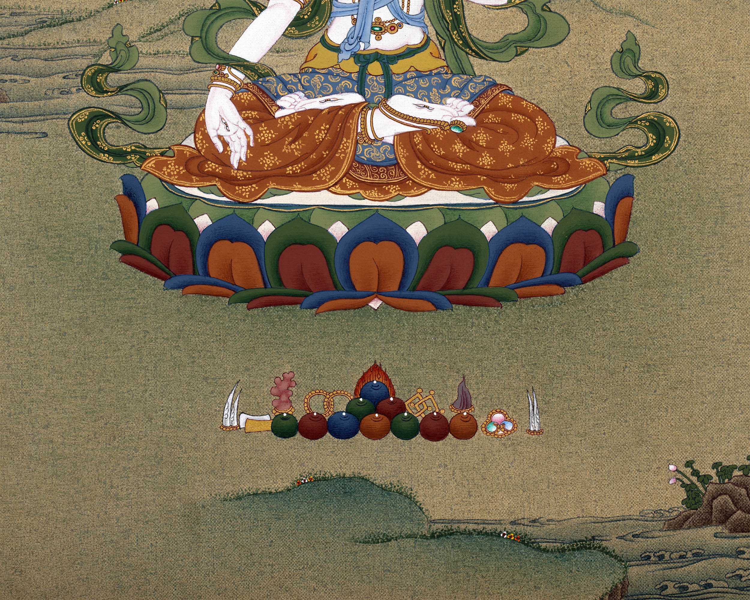 White Tara, Tibetan Thangka Painting, in Natural Stone colors