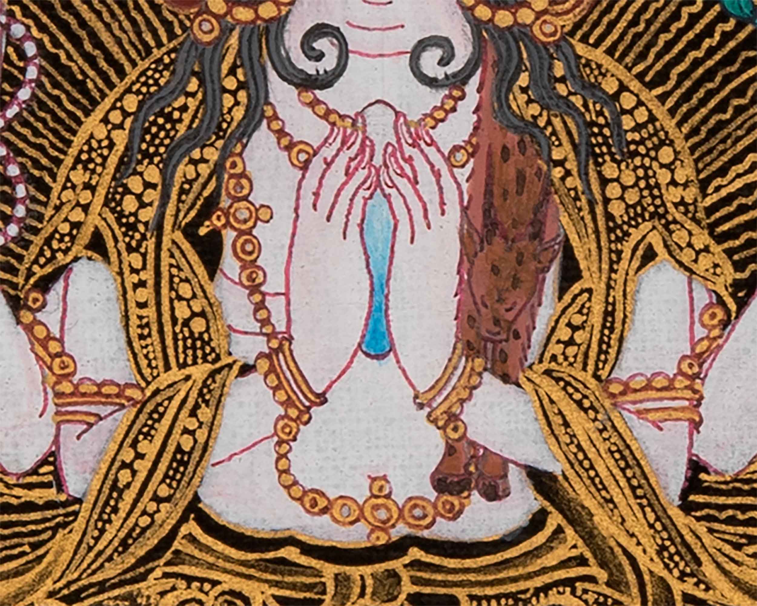 Four Armed Chenrezig Art | Tibetan Bodhisattva Mini Thangka