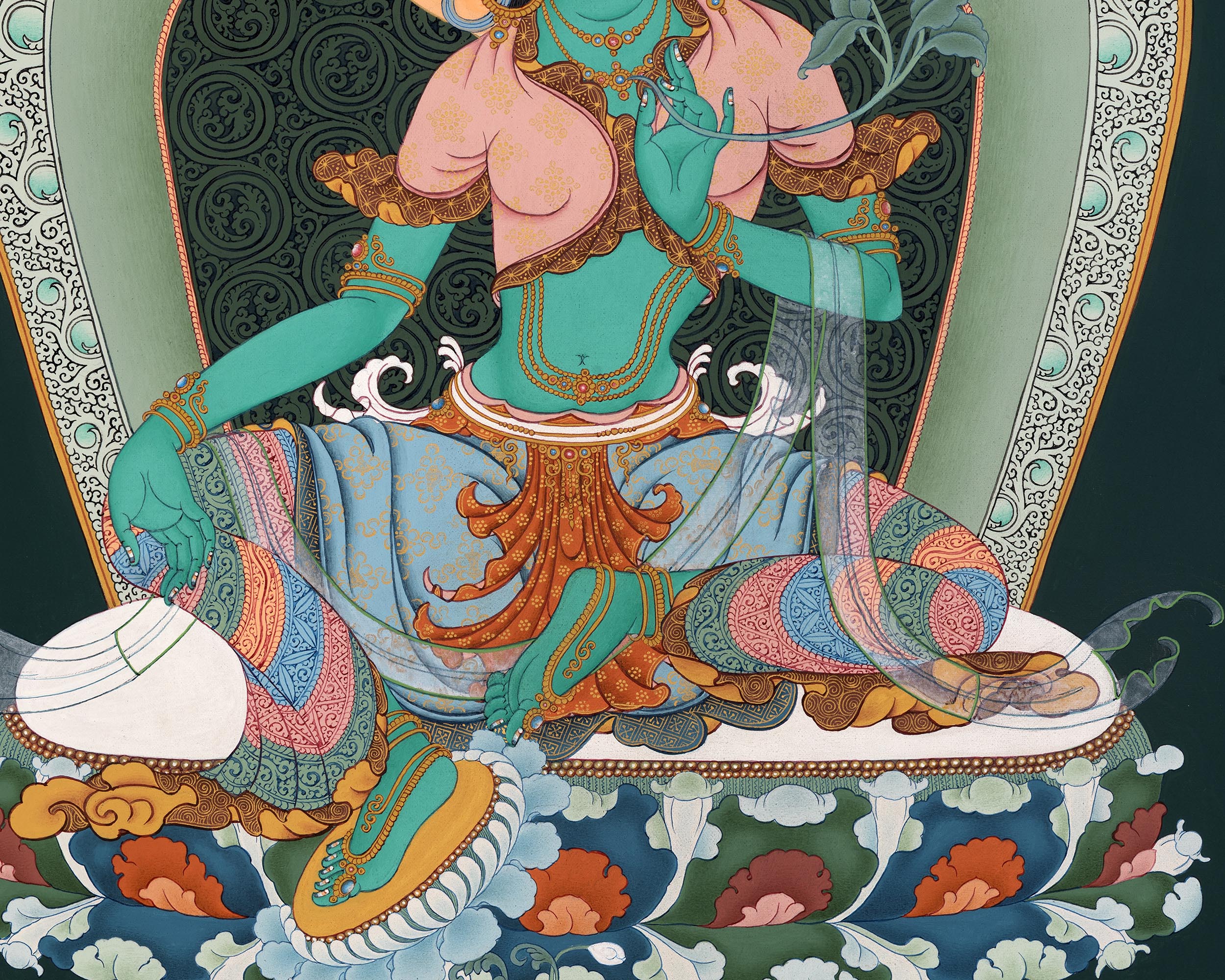 Green Tara Thangka | Female Buddha Painting | With 24K Gold and Stone Colors