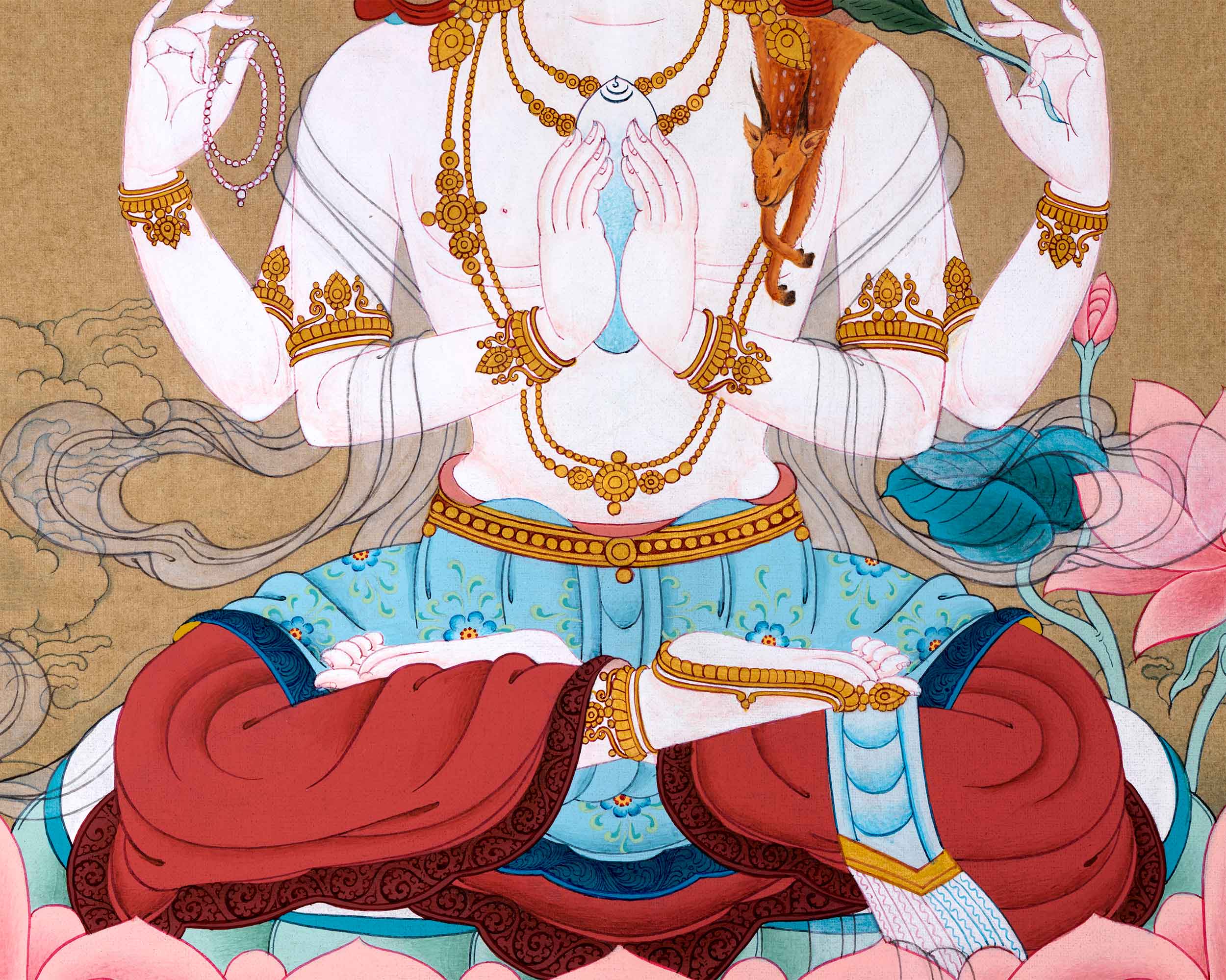 4 Arm Chenrezig Thangka For Buddhism Practice | Traditional Tibetan Himalayan Art