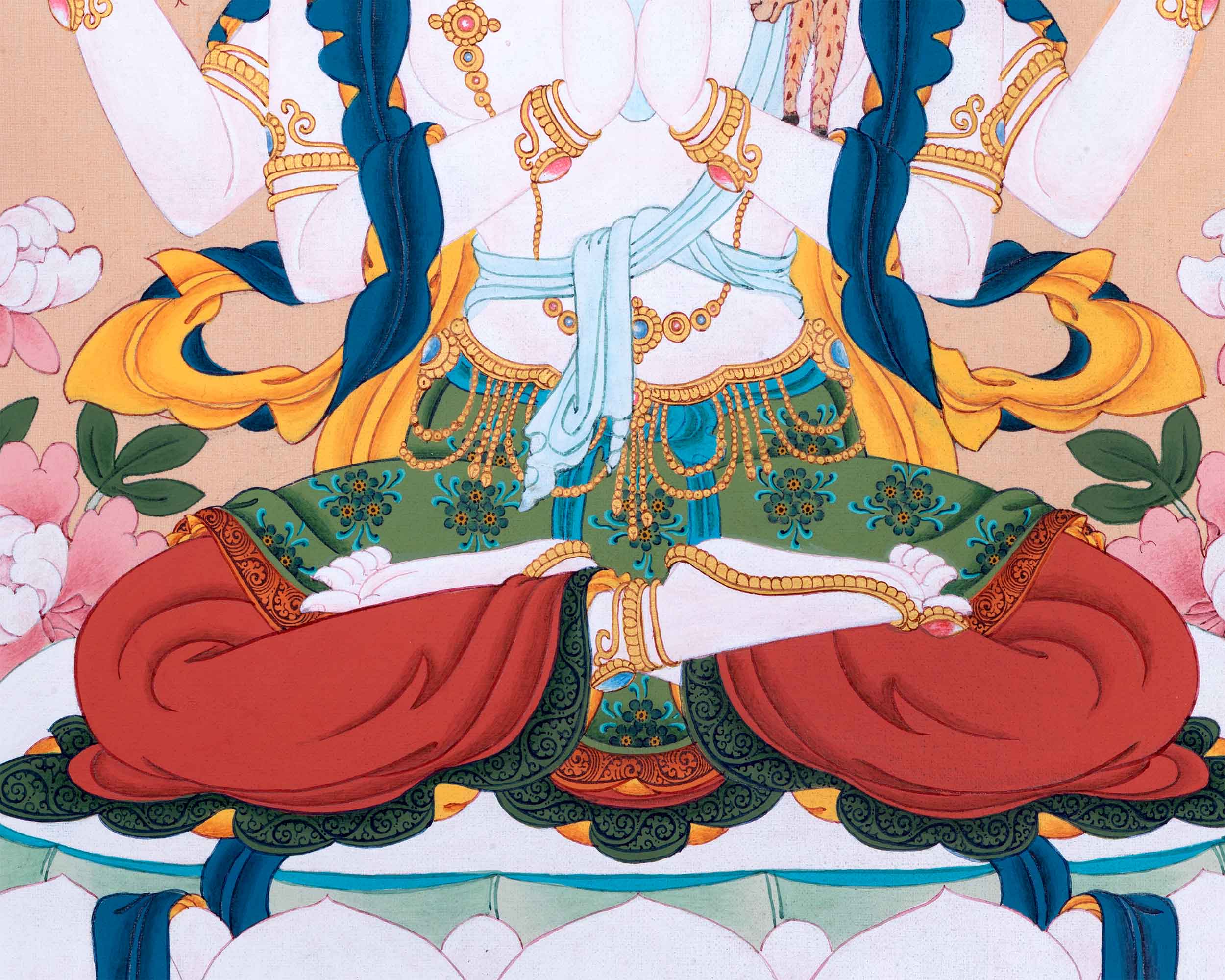 The Compassion Bodhisattva Chenrezig Thangka Art | Four Armed Chenrezig Hand Painted Art For Wall Decoration