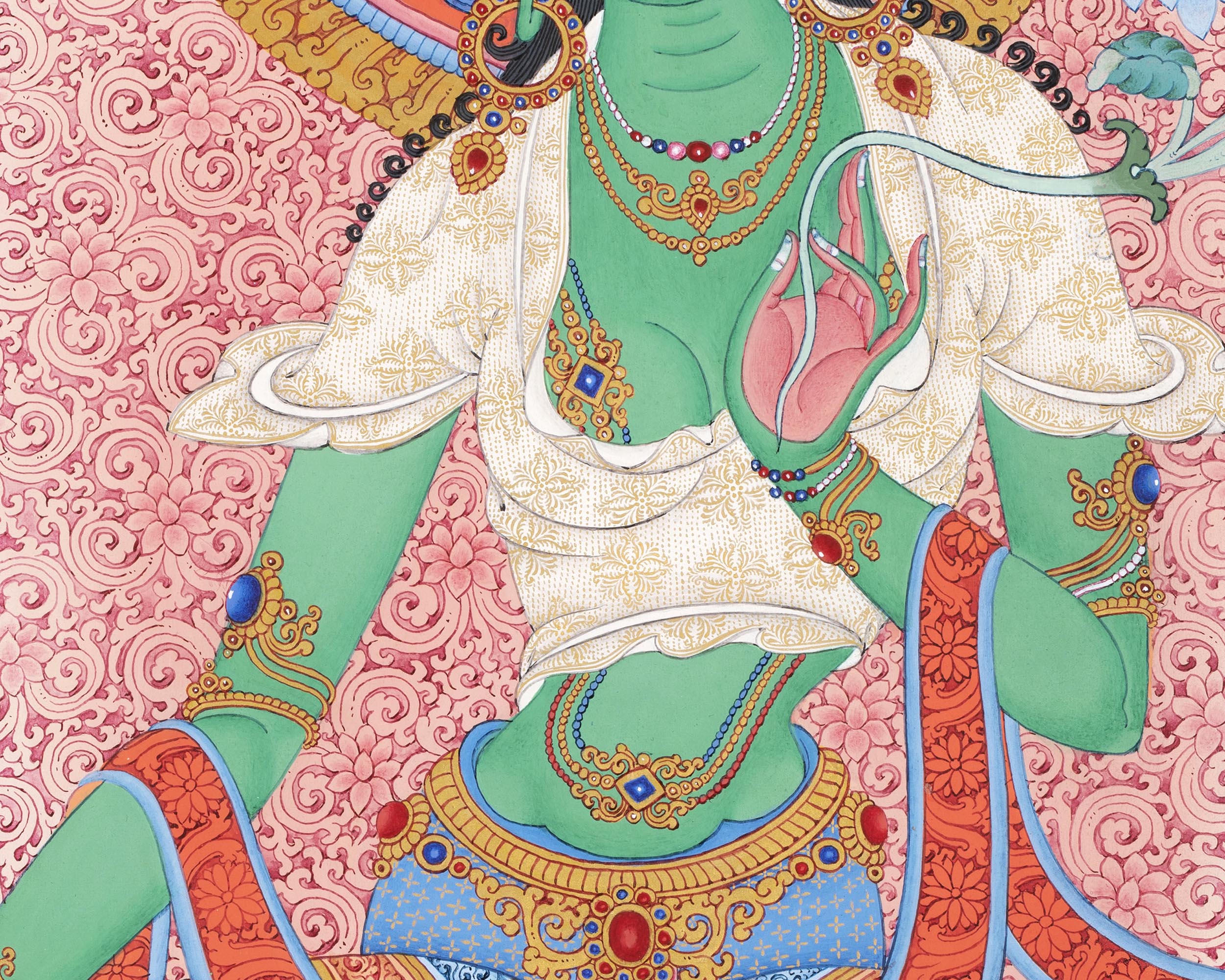 Thangka of Green Tara | Compassion and Protection | Silk Brocade Mounted