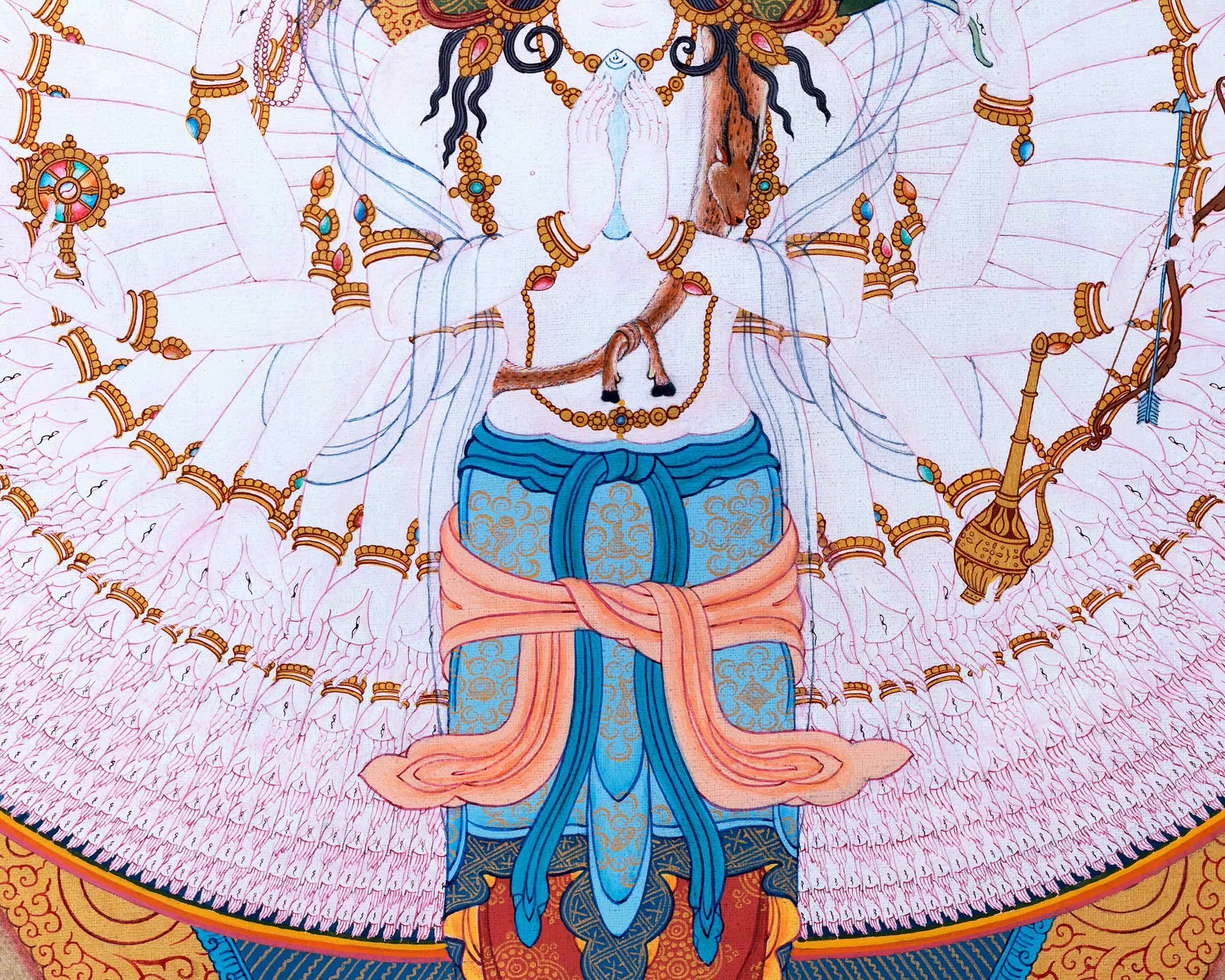1000 Armed Chenrezig Practice Thangka On Cotton Canvas Using Acrylic Colors | Sacred Art for Daily Practice