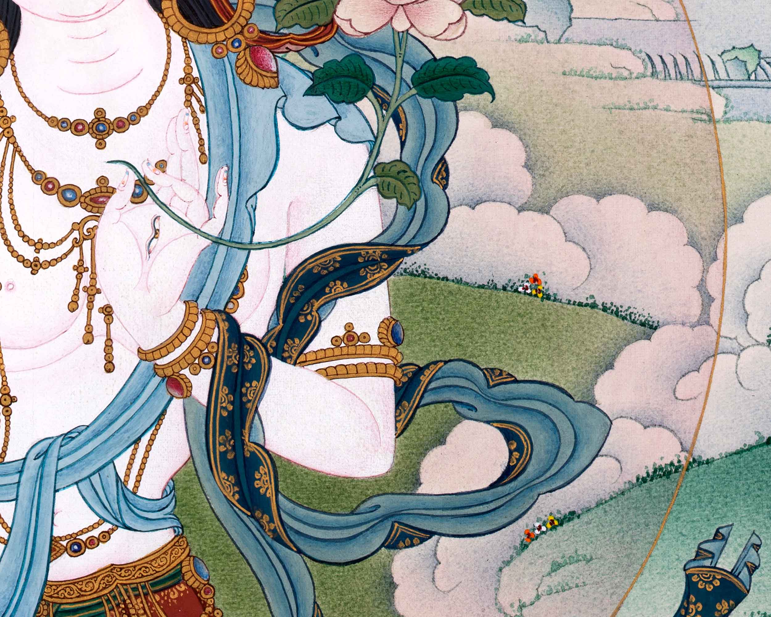White Tara Goddess Thangka | Traditionally Hand Painted Buddhist Art