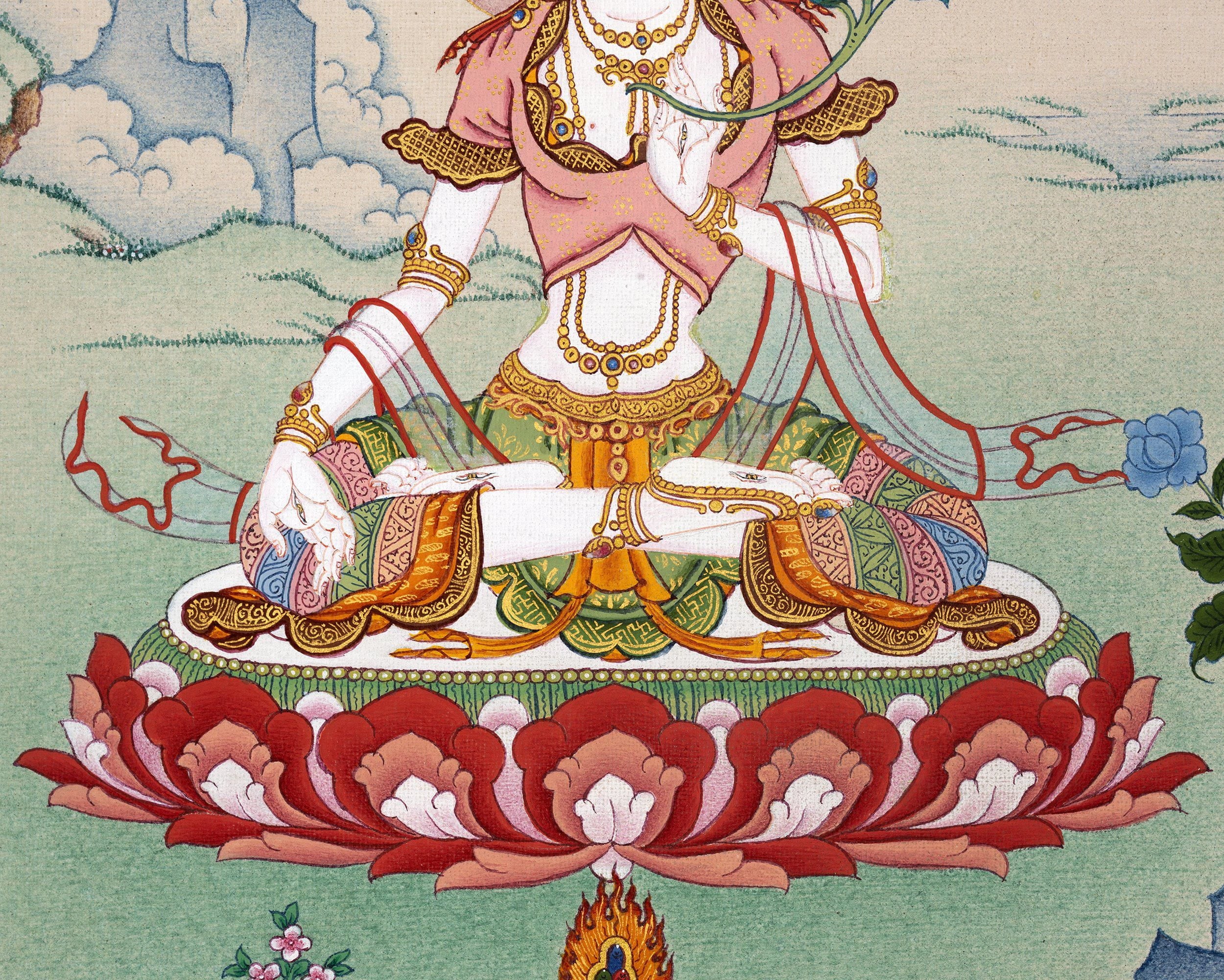White Tara Thangka | Tibetan Tara Painting (includes Brocade)