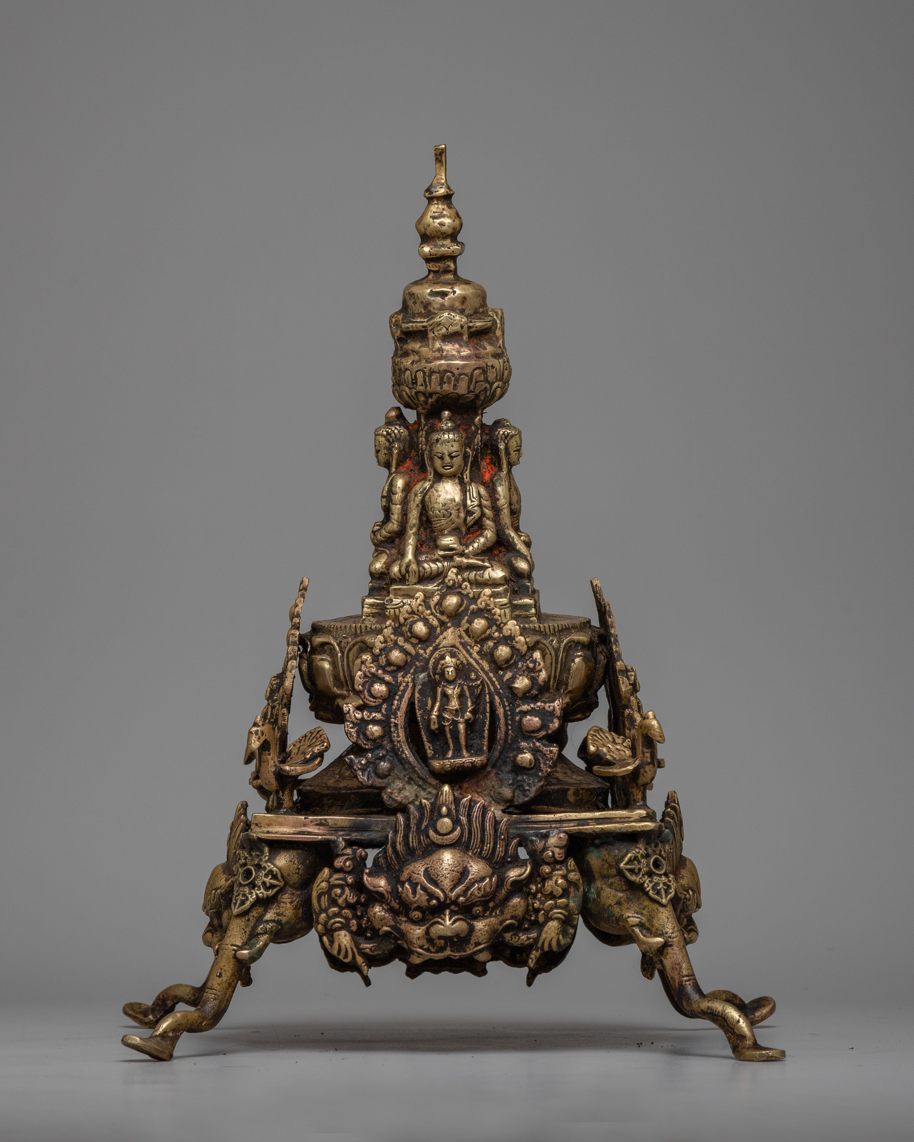 Brass Stupa with Buddha Statues | Handcrafted Buddhist Art for Peace and Meditation
