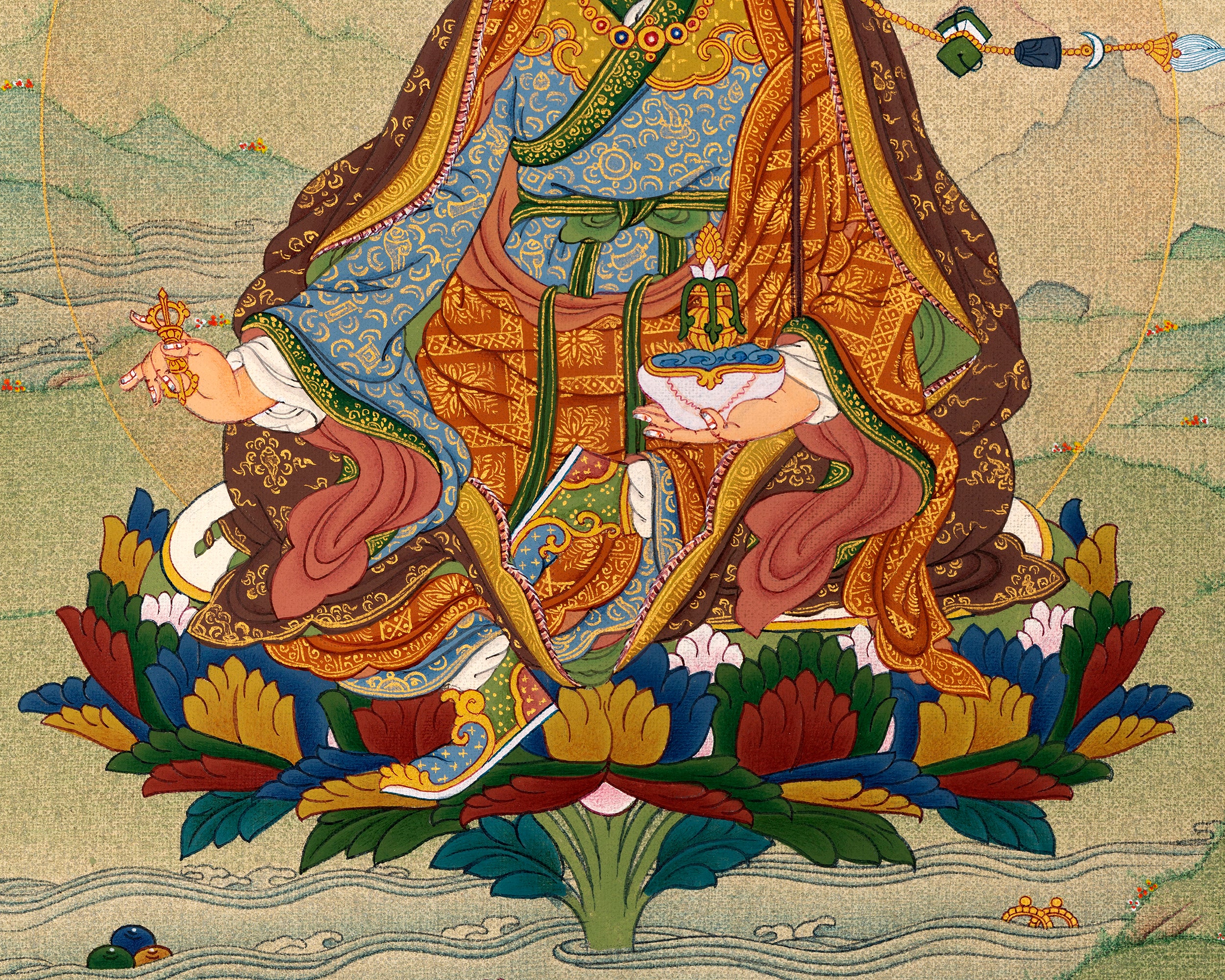 Padmasambhava Thangka | Tibetan Thangka in Natural Stone Color & 24K Gold