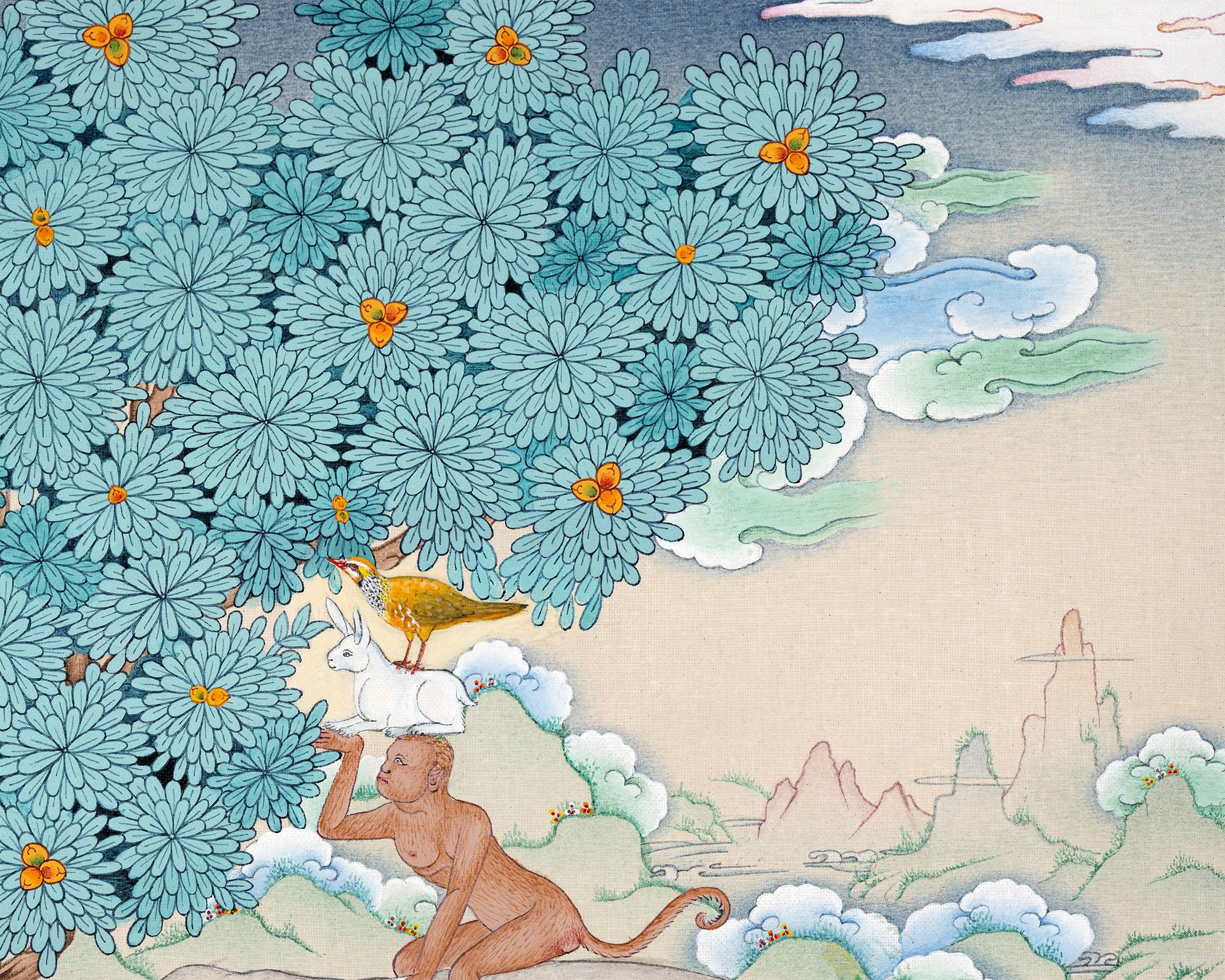 The Four Harmonious Friends | Honoring the Age | Tibetan Thangka