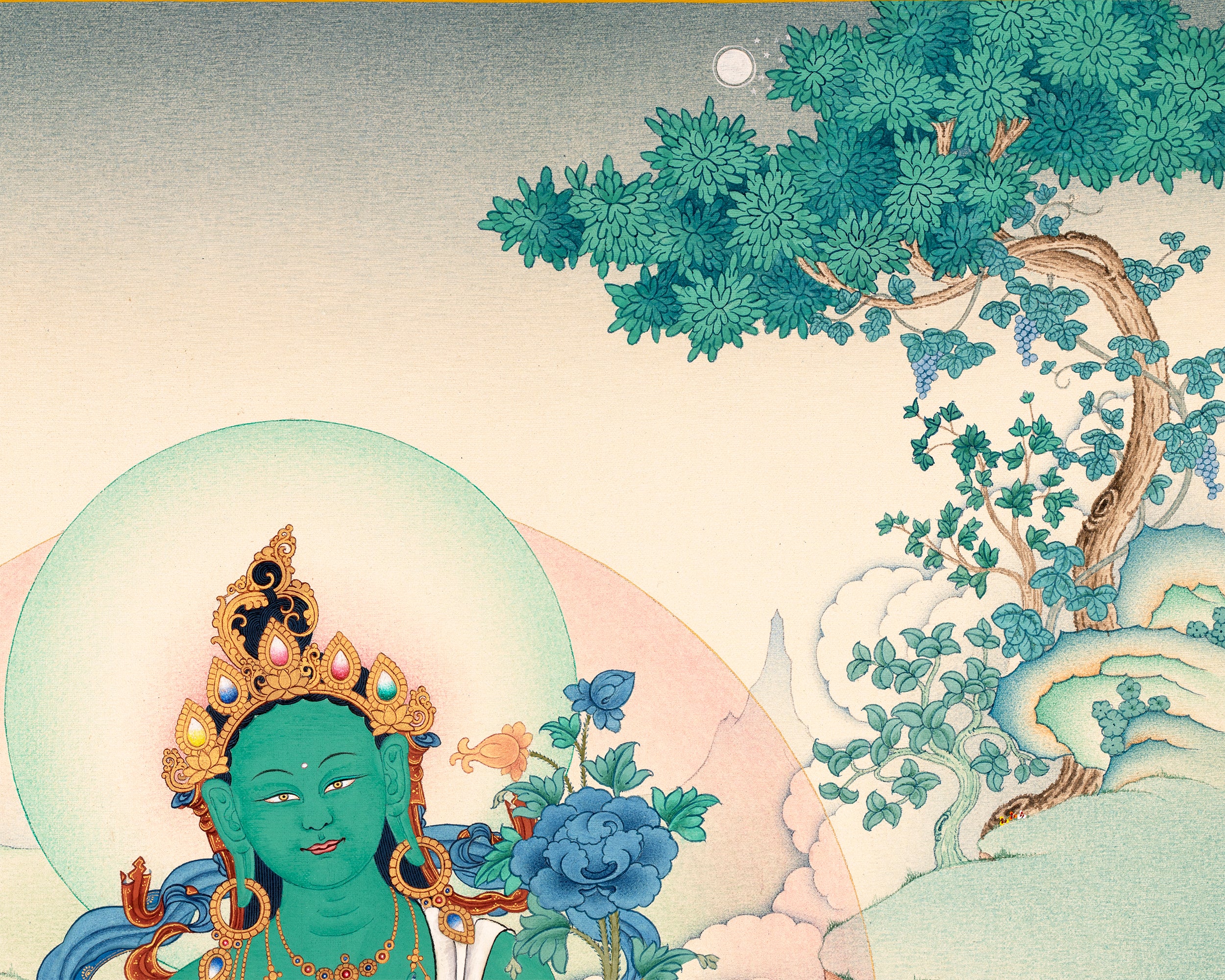 Green Tara | Traditional Tibetan Tara Thangka in Natural stone colors