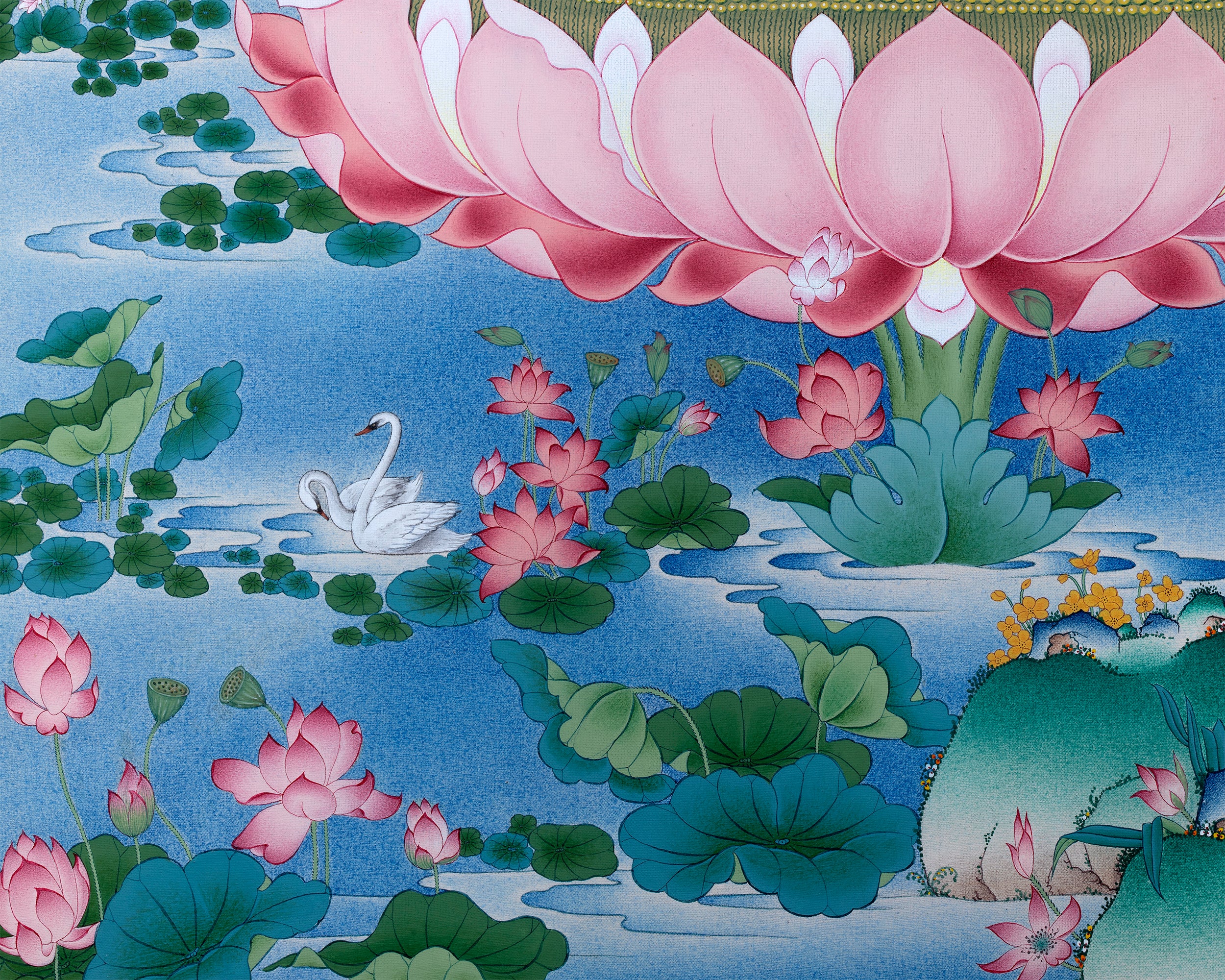 Guru Rinpoche, Padmasambhava Thangka, Tibetan Buddhist Painting in Natural Stone Color & 24K Gold (includes a silk brocade)