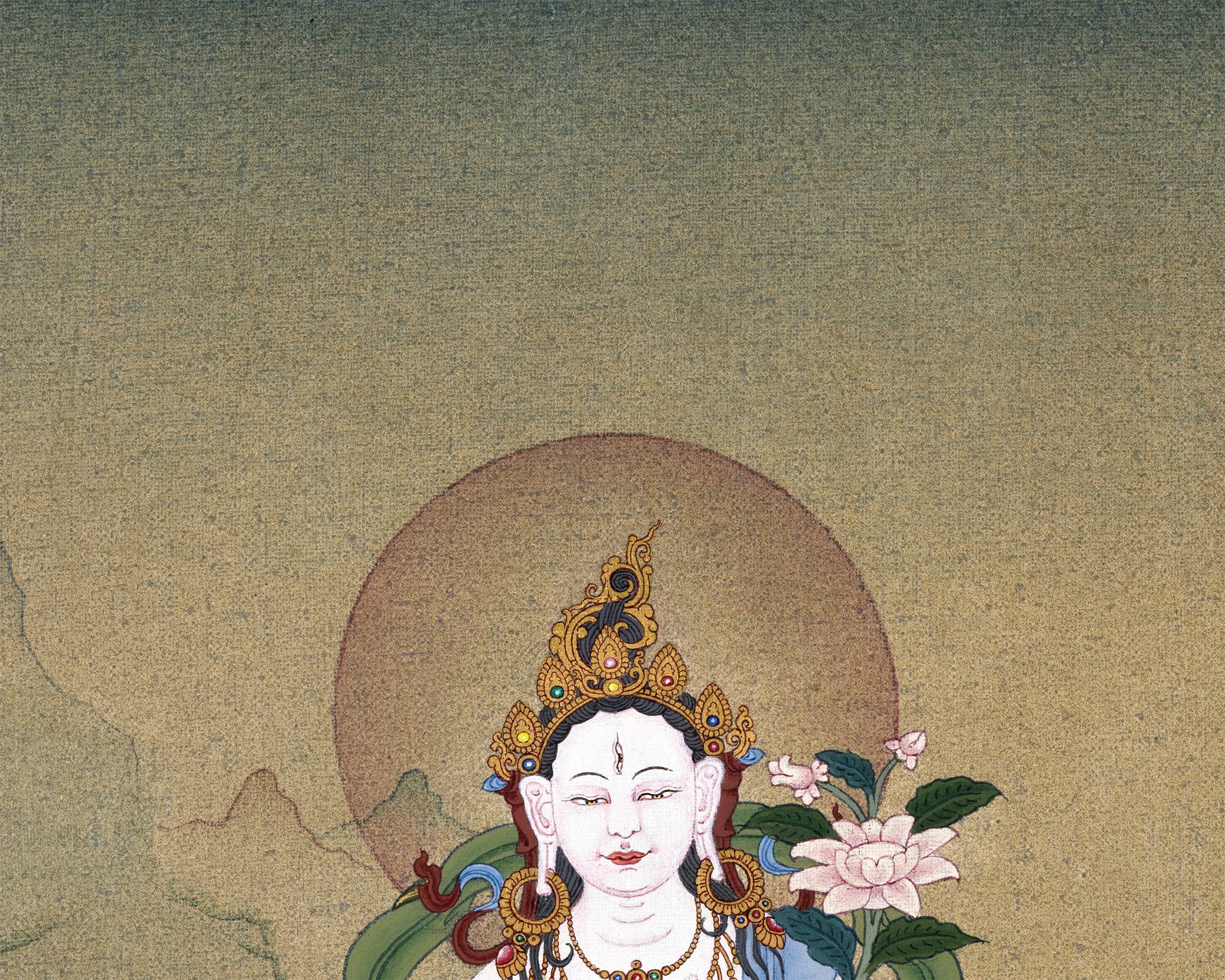 White Tara, Tibetan Thangka Painting, in Natural Stone colors