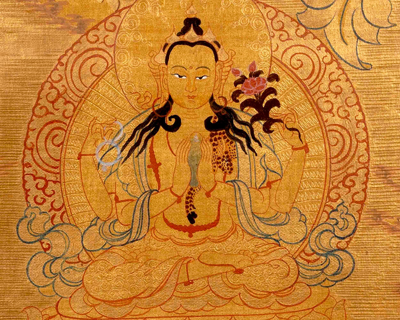 Gold Manjushree Thangka | Hand Painted Bodhisattva Art