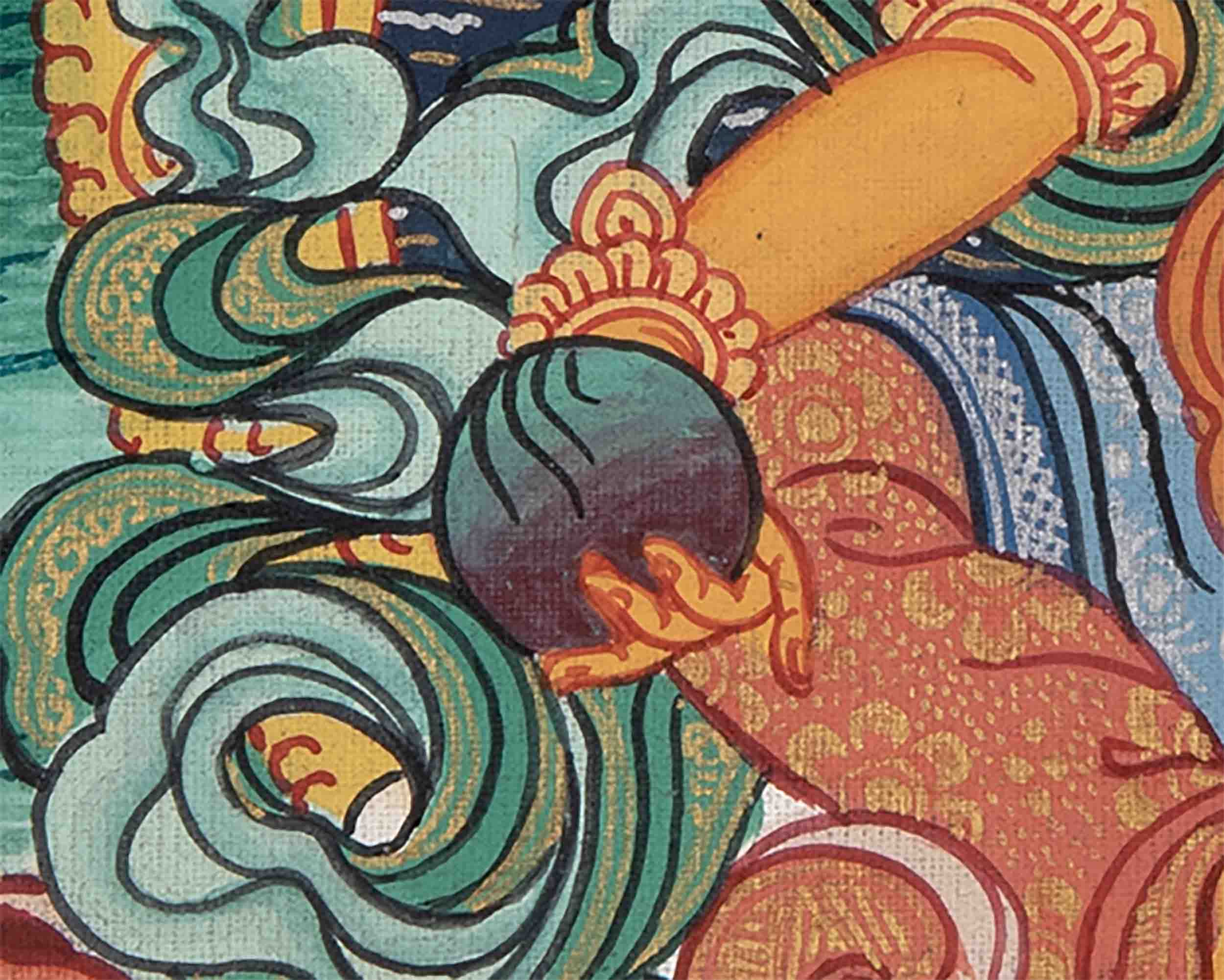 Dzambala Kubera Thangka With Brocade | Hand-Painted Deity Of Wealth