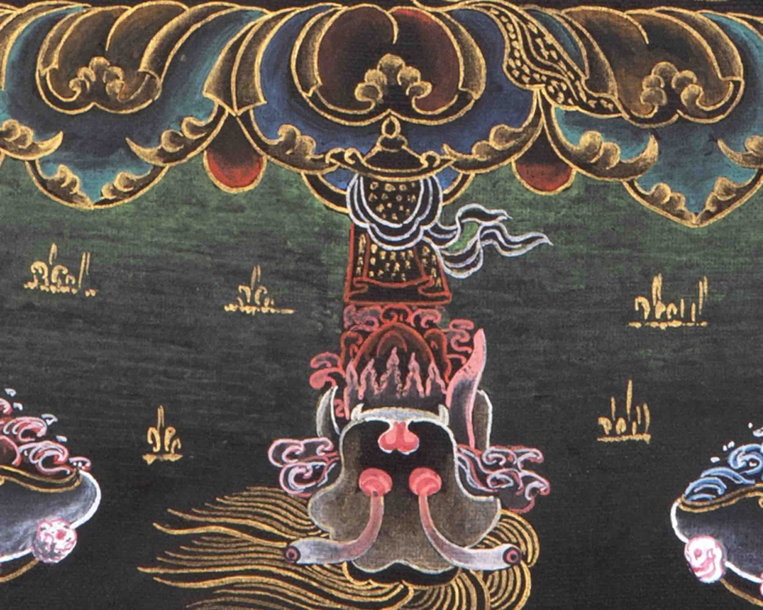 6 Armed Mahakala with Banarasi Silk Brocade | Hand Painted Thangka Art