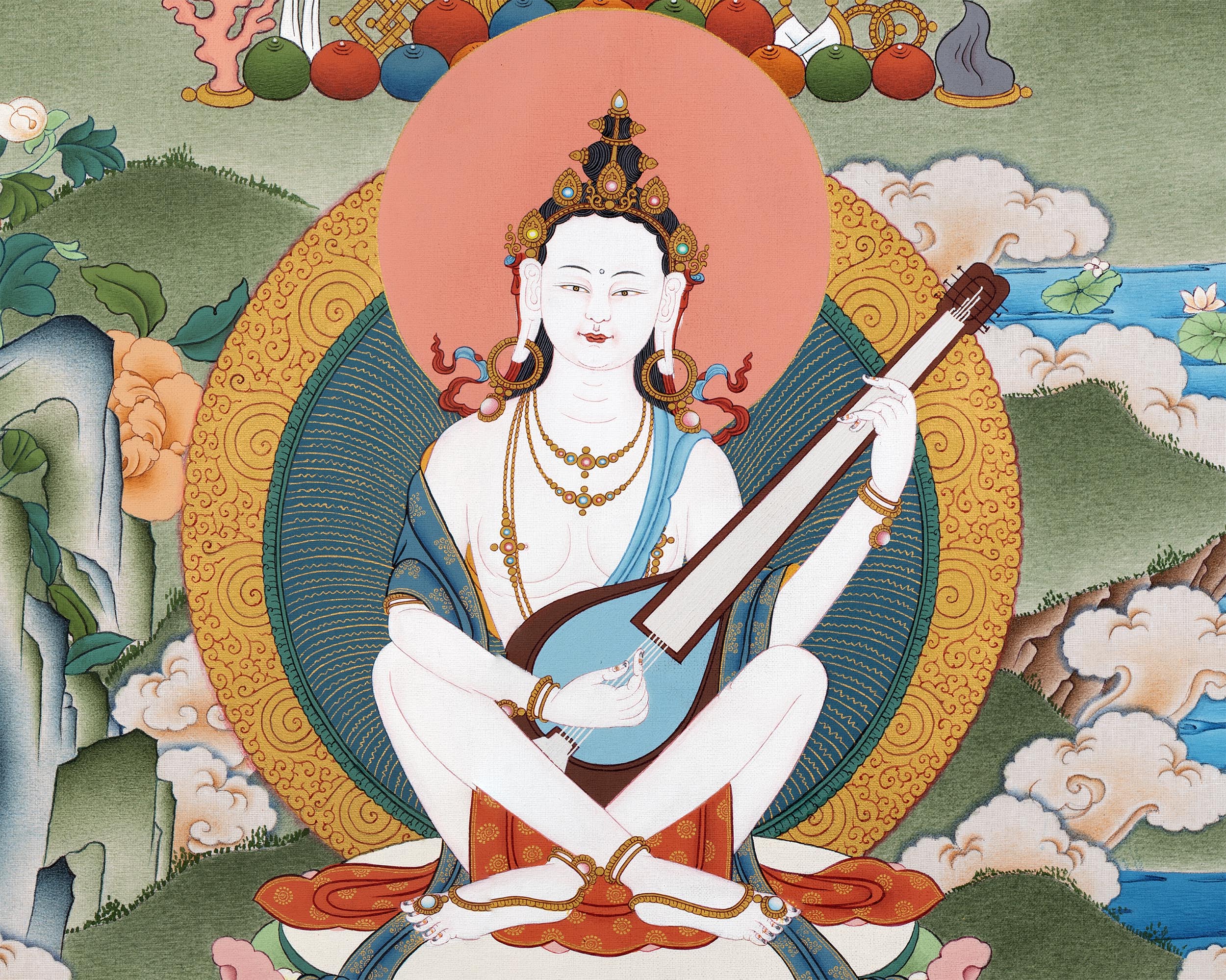 Five Manjushri with Buddha and Bodhisattva Thangka, Tibetan Buddhist Art