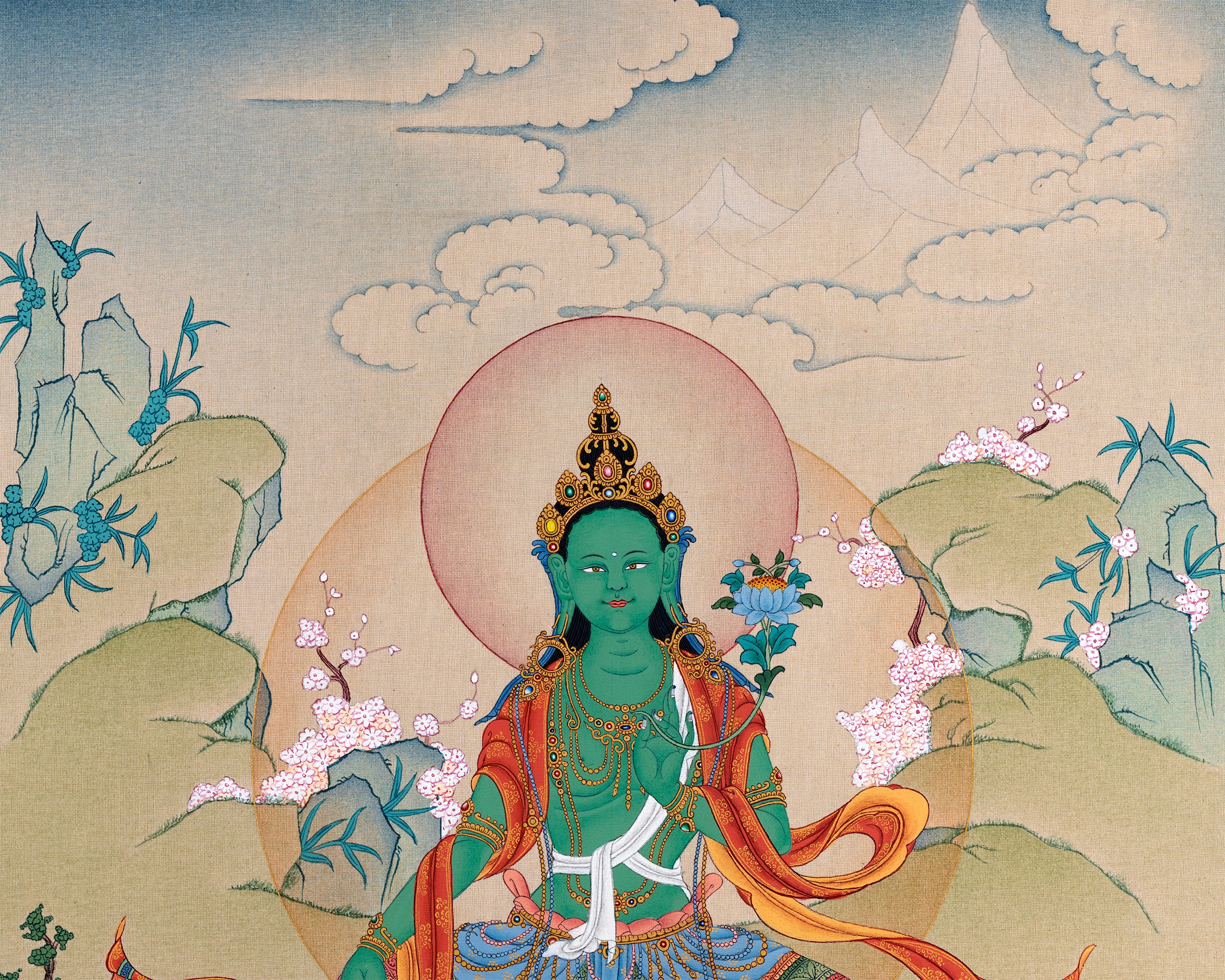 Green Tara Thangka | Tibetan Mother Tara | Natural Stone Colors and 24K Gold