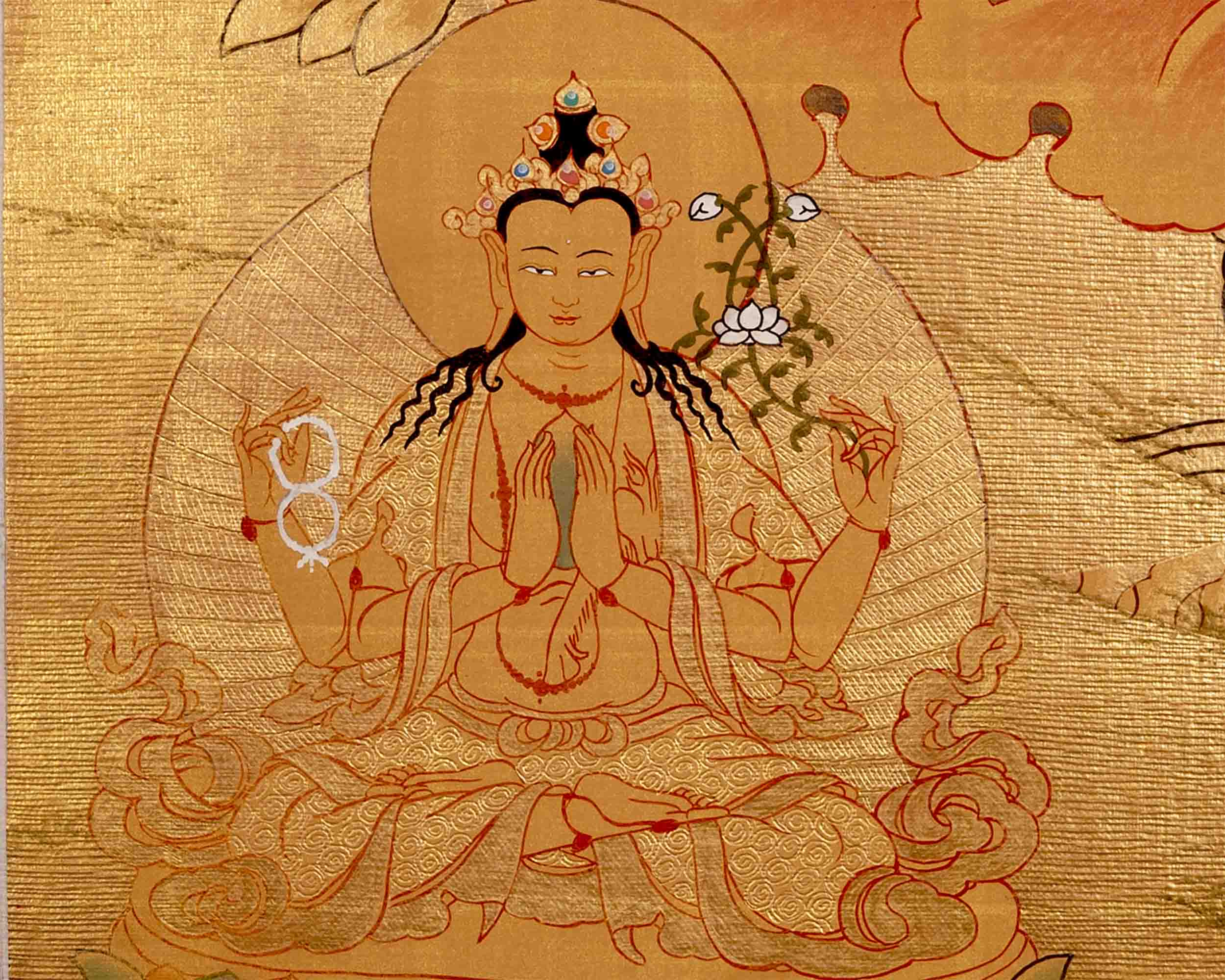 24K Gold Manjushree Thangka | Tibetan Buddhist Bodhisattva Art