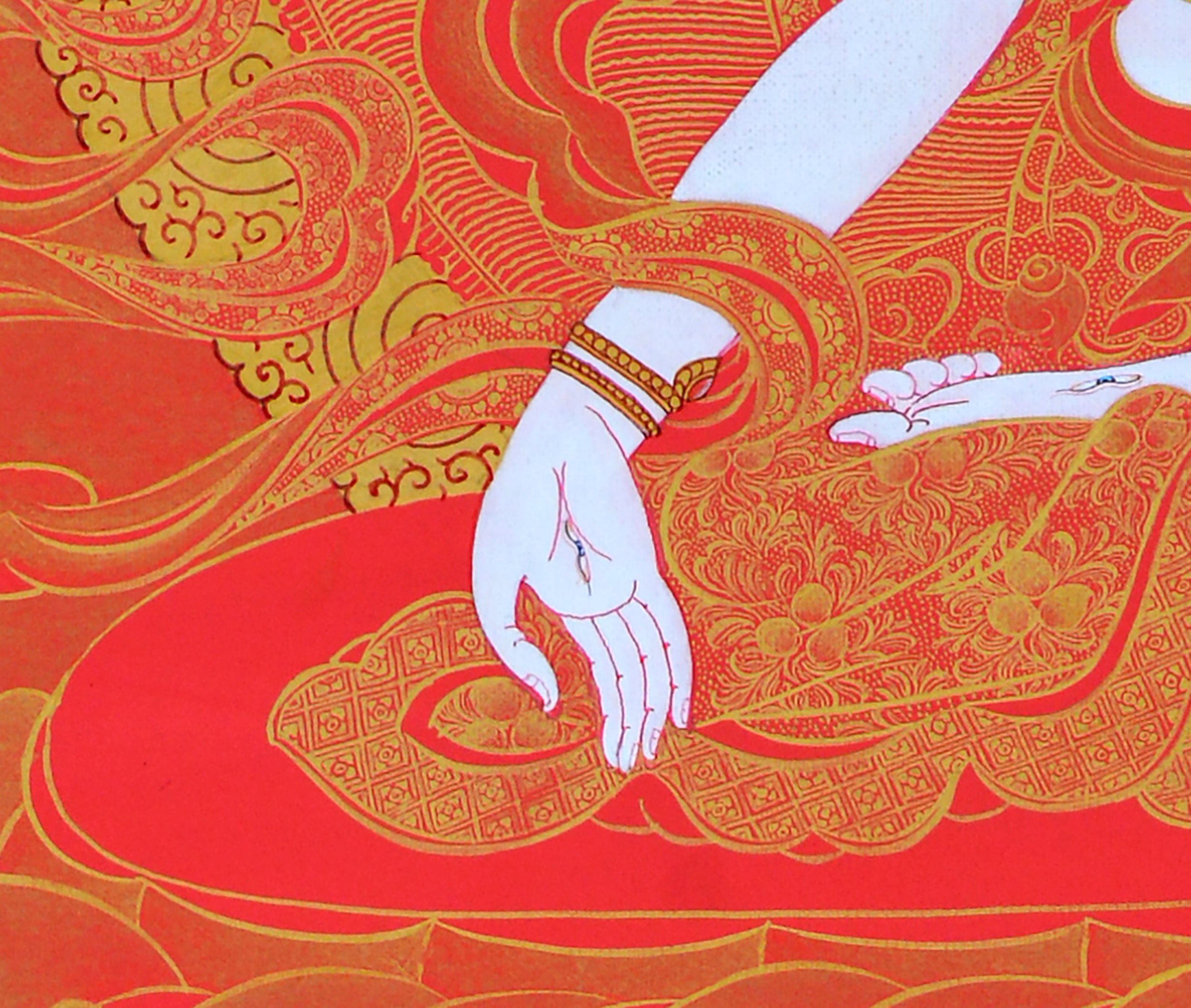 Tibetan White Tara Thangka | Tara In Red and Gold