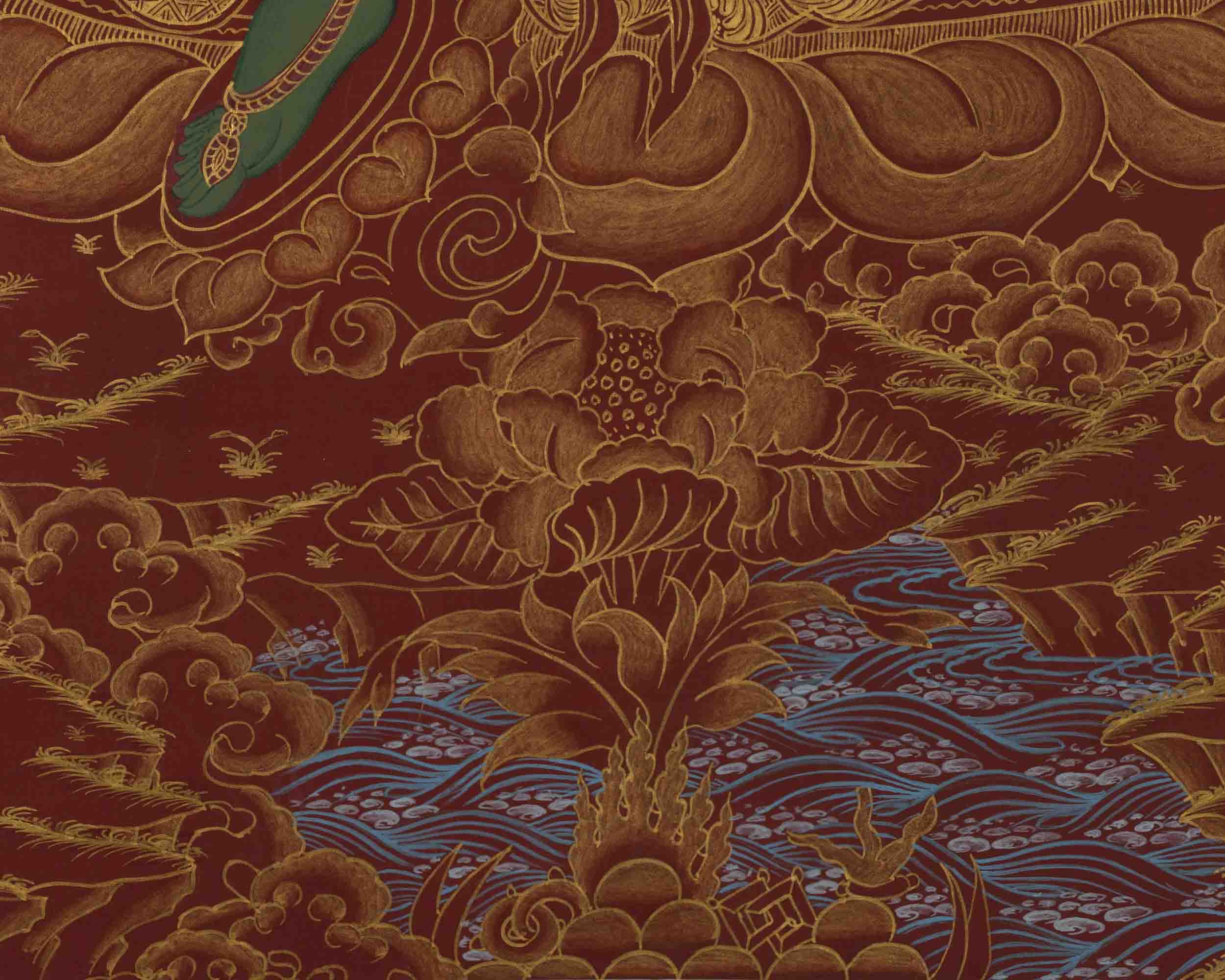 Original Green Tara Thangka | 24K Gold Style Artwork | Wall Decors