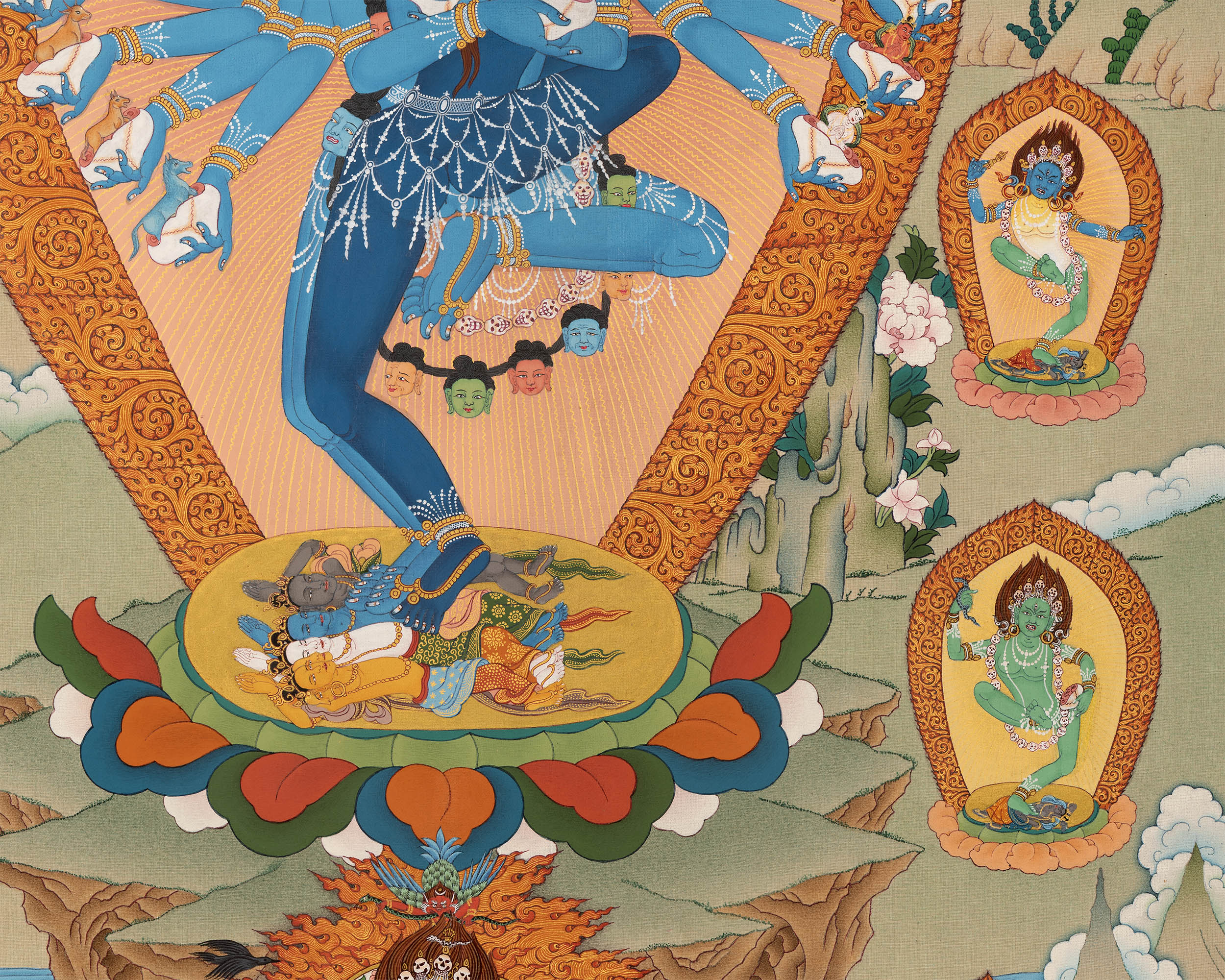 Hevajra with Vajra Nairatmya and the 8 Dakinis, Tibetan Thangka Painting