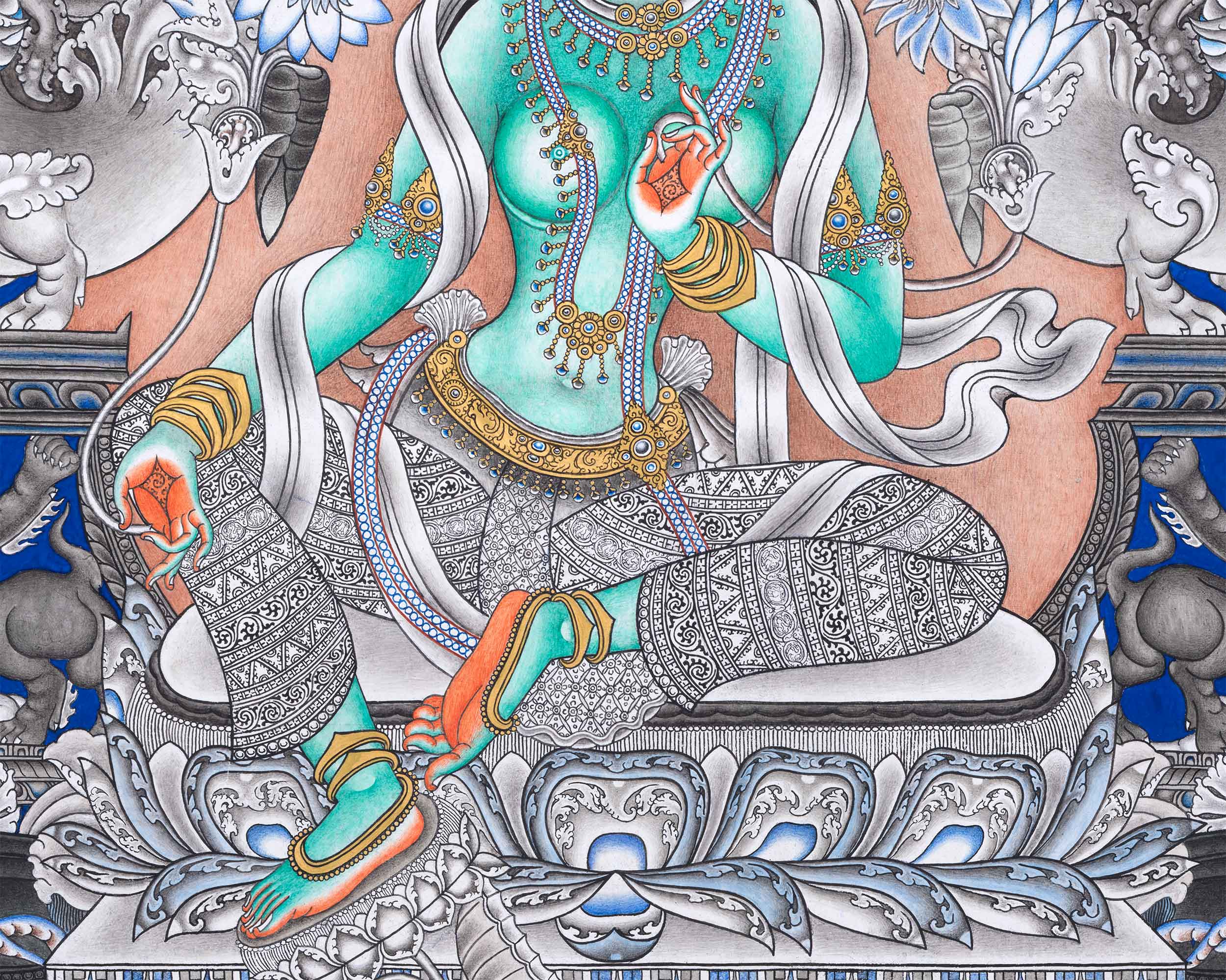 High- Quality Green Tara Guru Nepali Print | Mother Tara Nepali Painting | Home Decoration