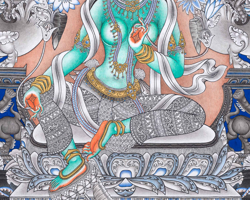 High- Quality Green Tara Guru Nepali Print | Mother Tara Nepali Painting For Home Decoration