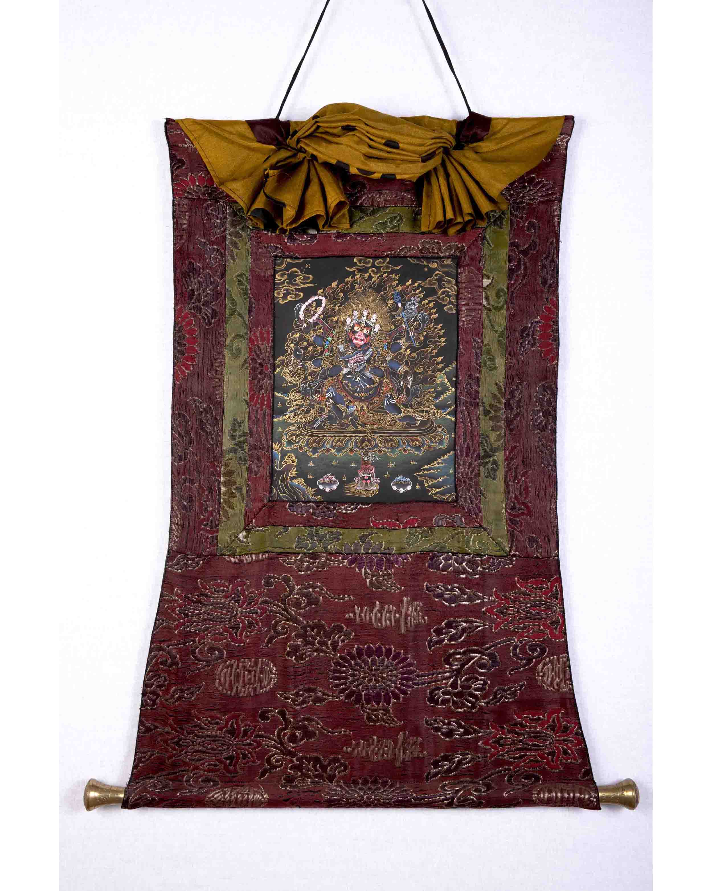 6 Armed Mahakala with Banarasi Silk Brocade | Hand Painted Thangka Art