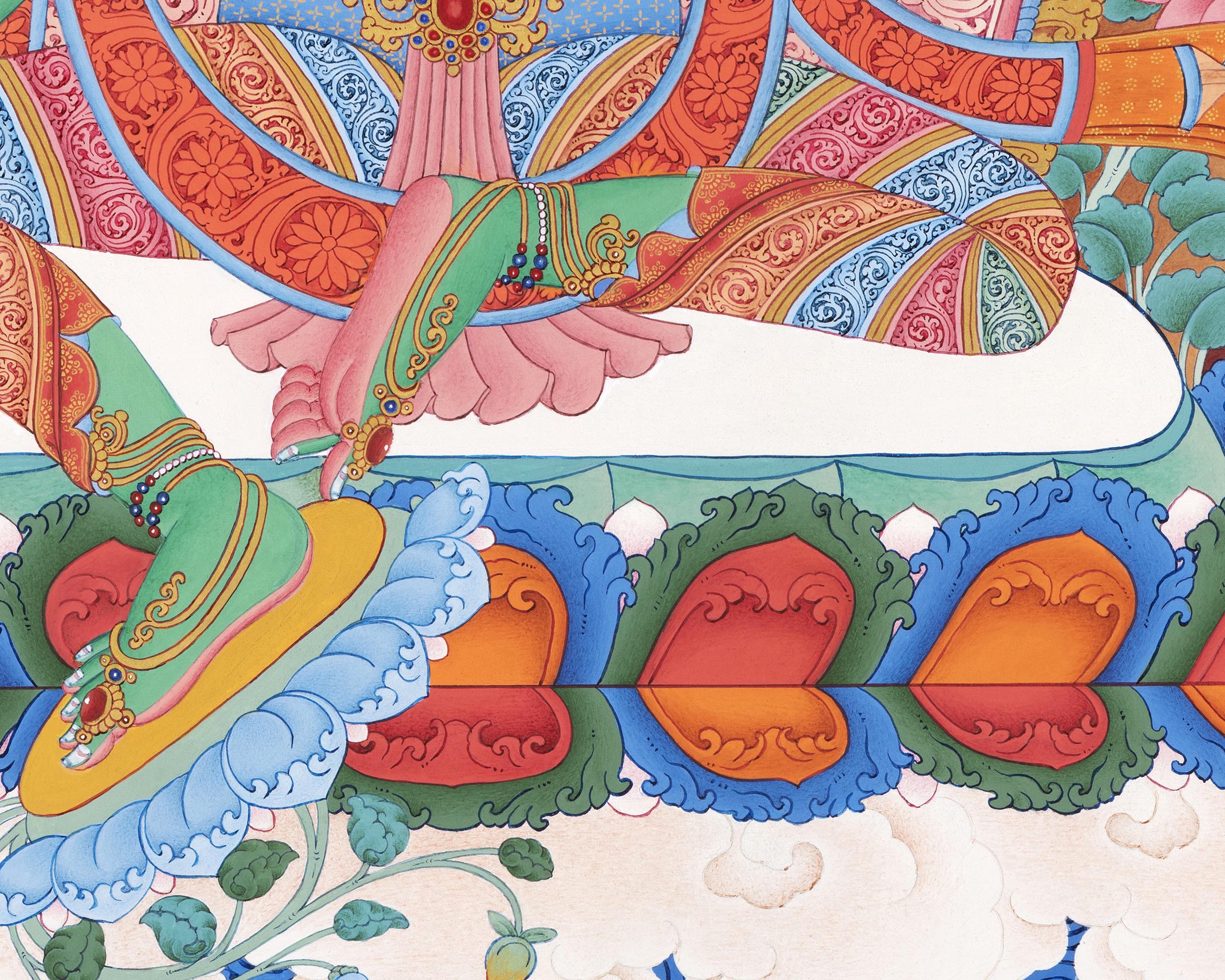Thangka of Green Tara | Compassion and Protection | Silk Brocade Mounted