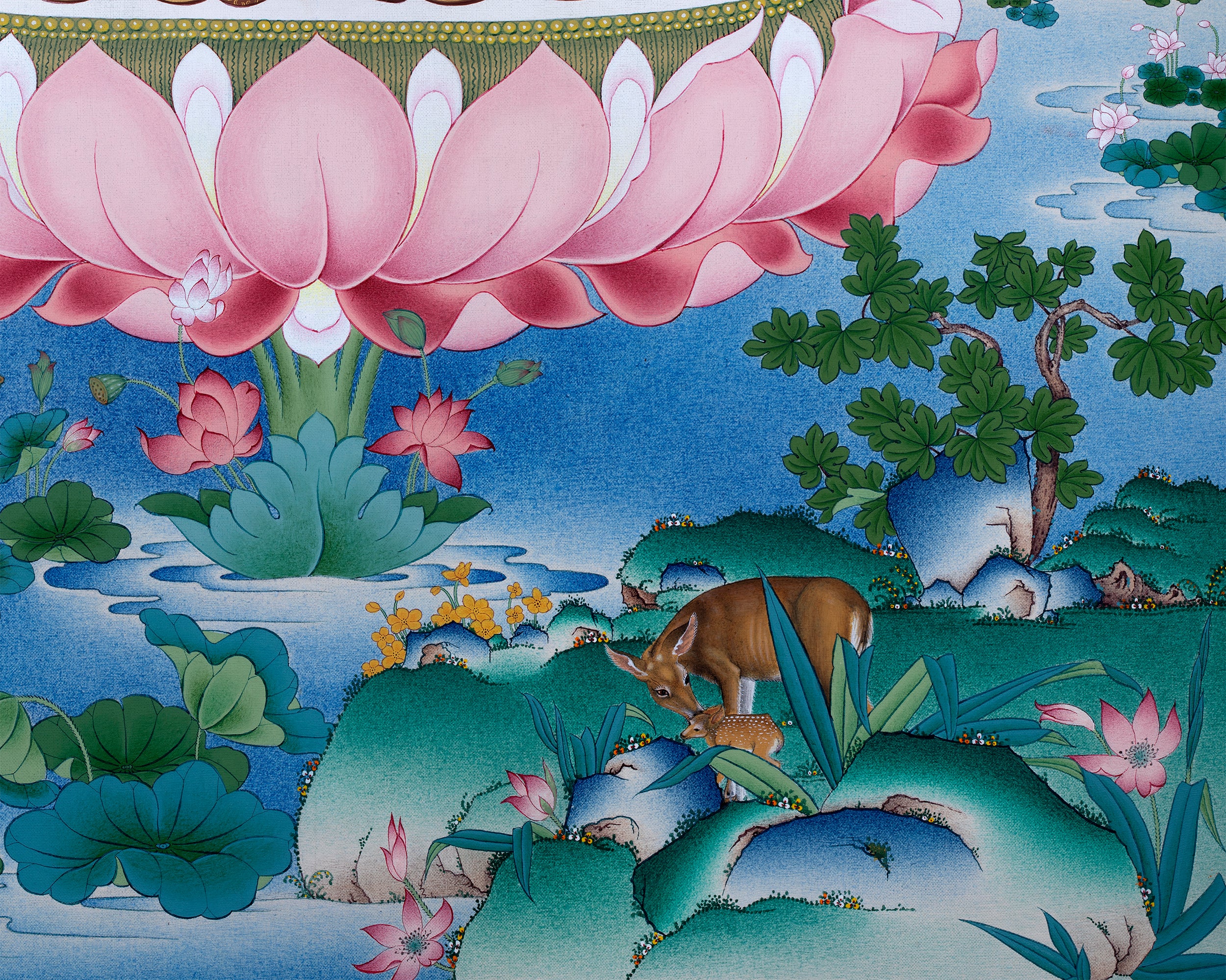 Guru Rinpoche, Padmasambhava Thangka, Tibetan Buddhist Painting in Natural Stone Color & 24K Gold (includes a silk brocade)