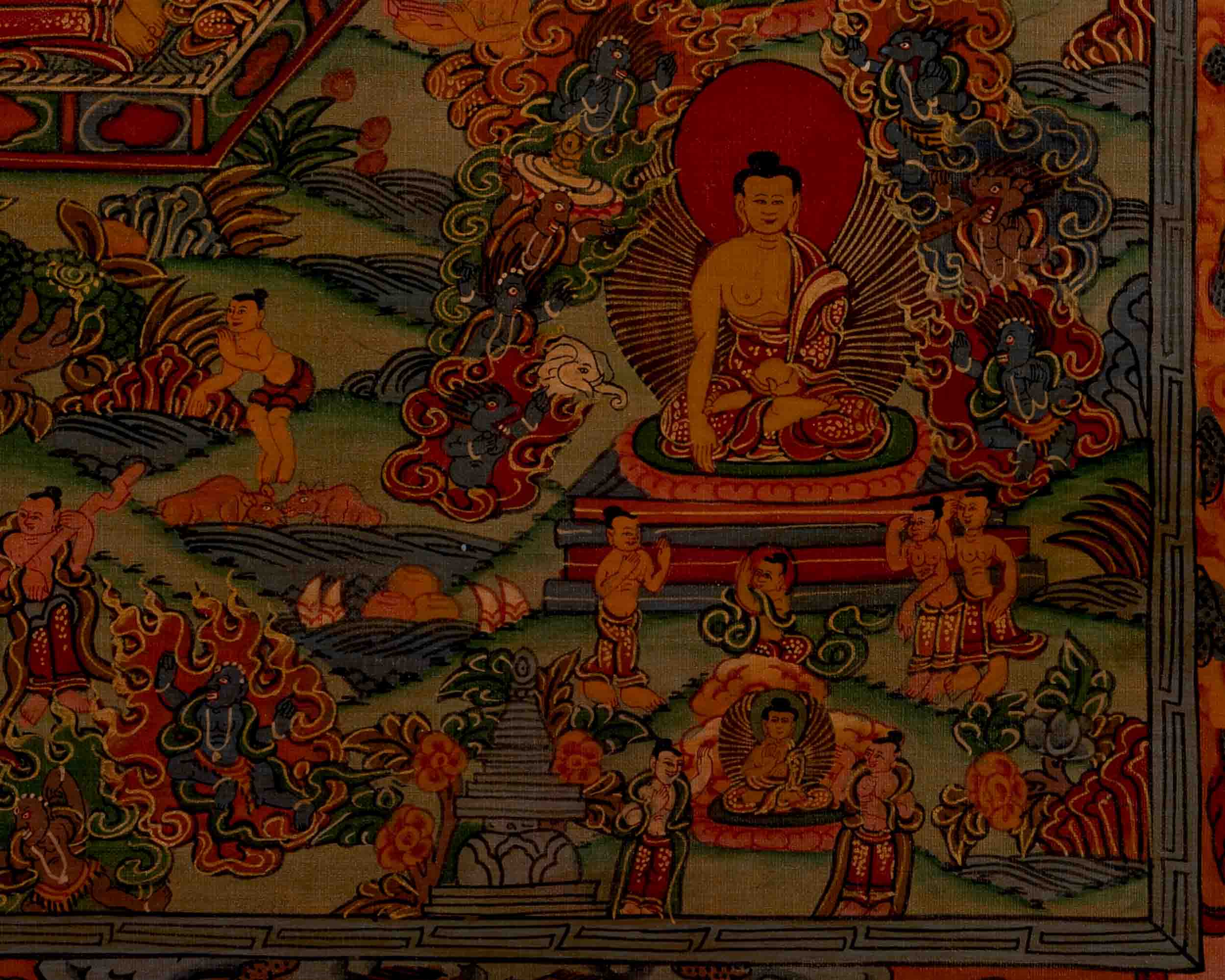 Life Story Of Shakyamuni Buddha | Oil Varnished Thangka | Wall Decors