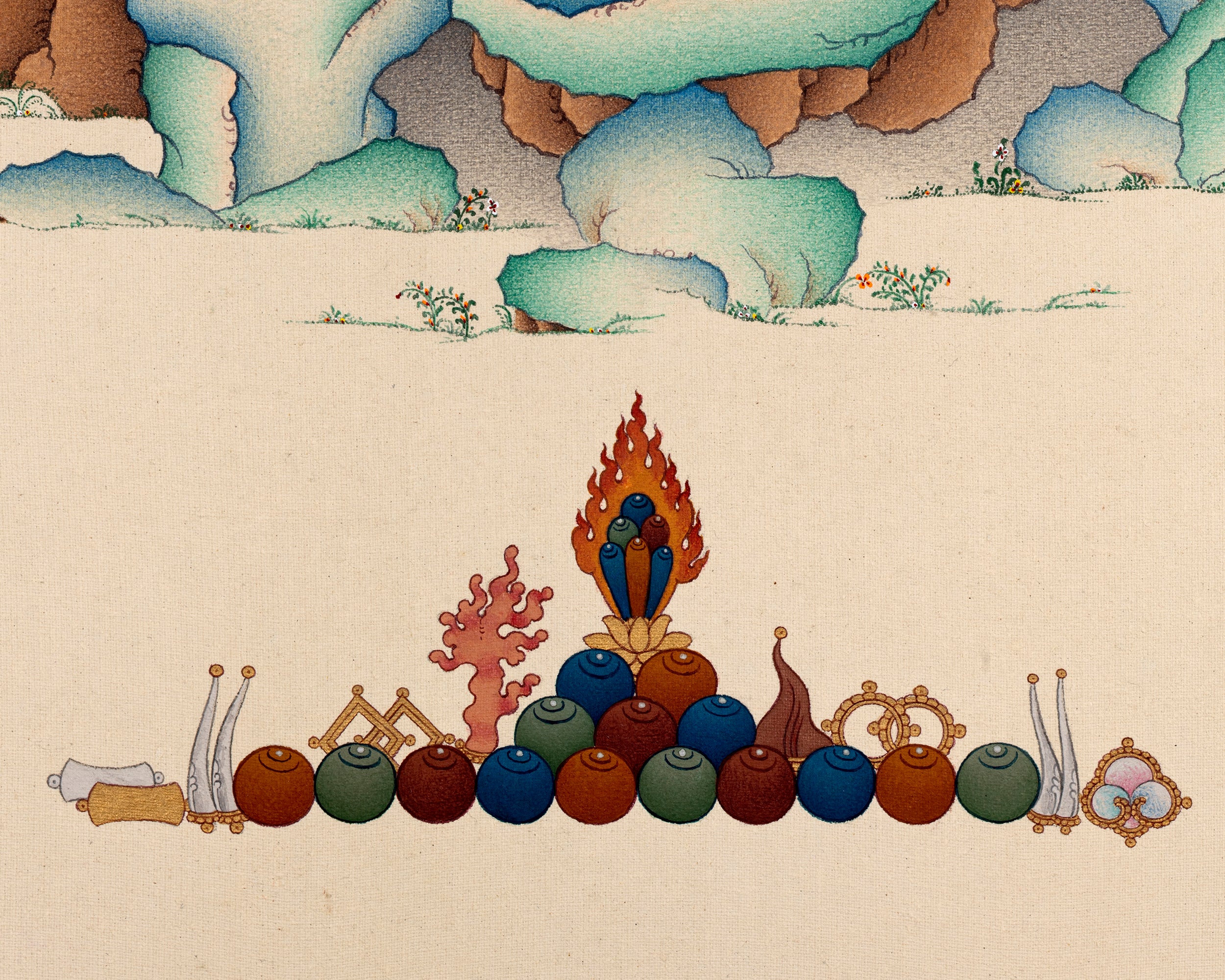 Chenrezig Thangka | 2 Armed Avalokiteshvara in Natural Stone Colors and 24K gold