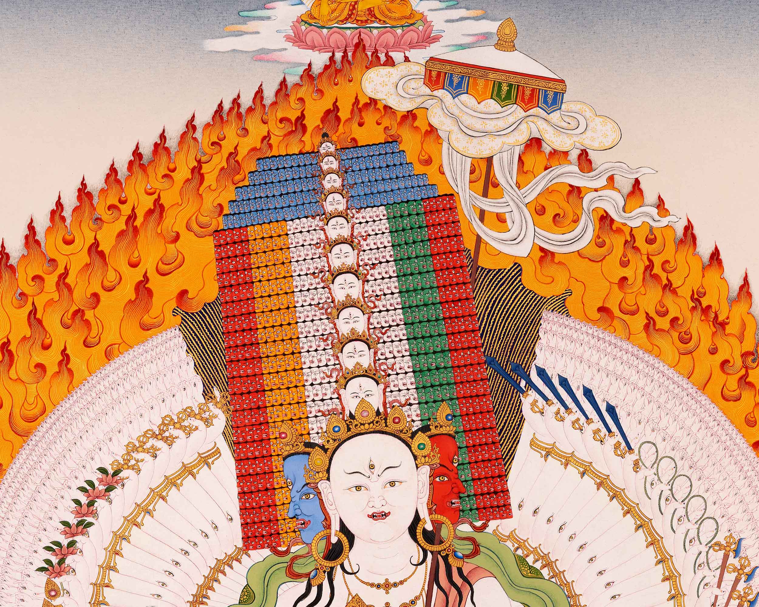 Sitatapatra Thangka Print with Green Tara, White Tara and Chenrezig
