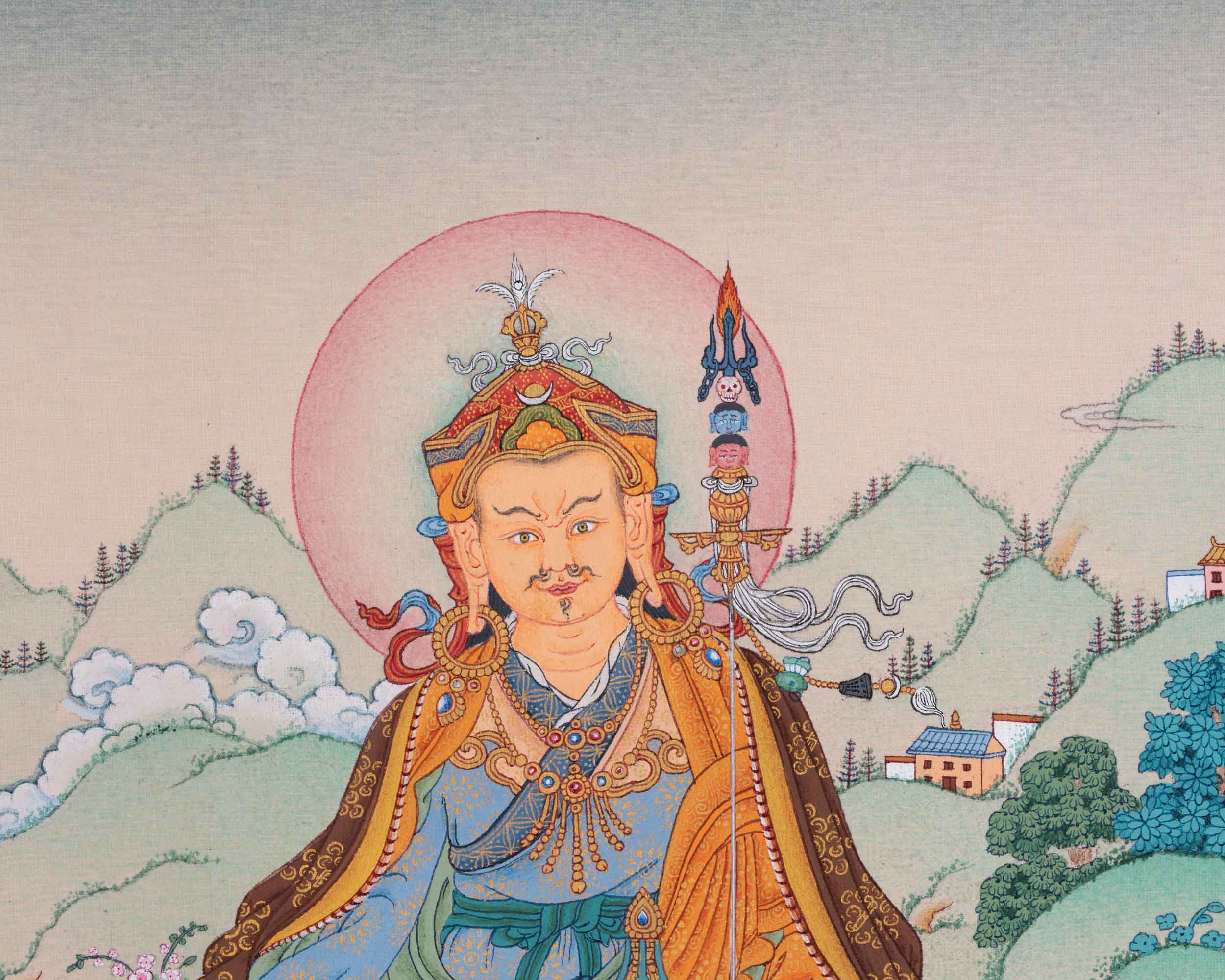 Traditionally Hand-Painted Guru Rinpoche Mantra Thangka | Tibetan Lotus Born Master Art For Prayers