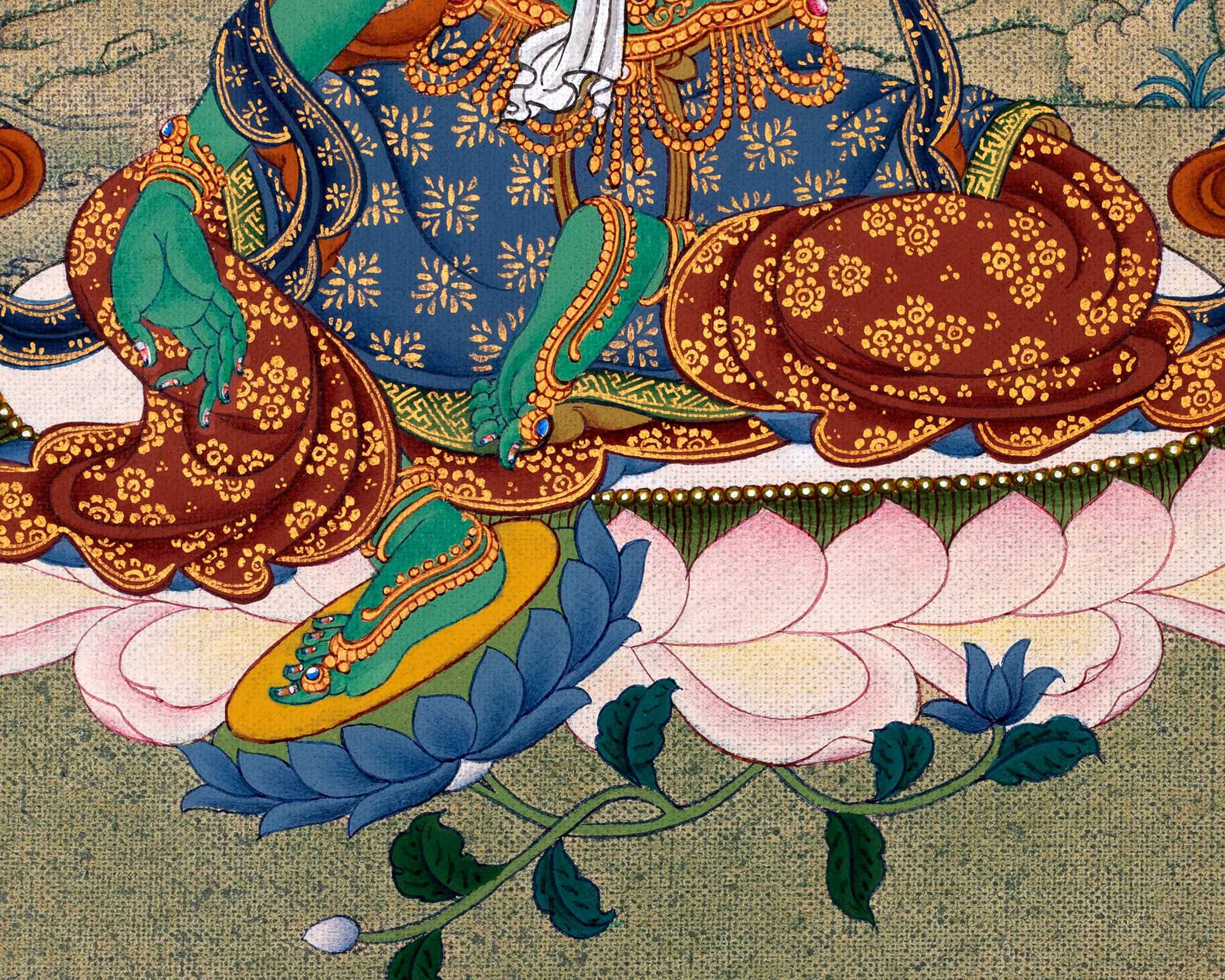 Green Tara, Dolma Tibetan Thangka, Hand Painted Tara in Natural Stone Colors and 24K Gold