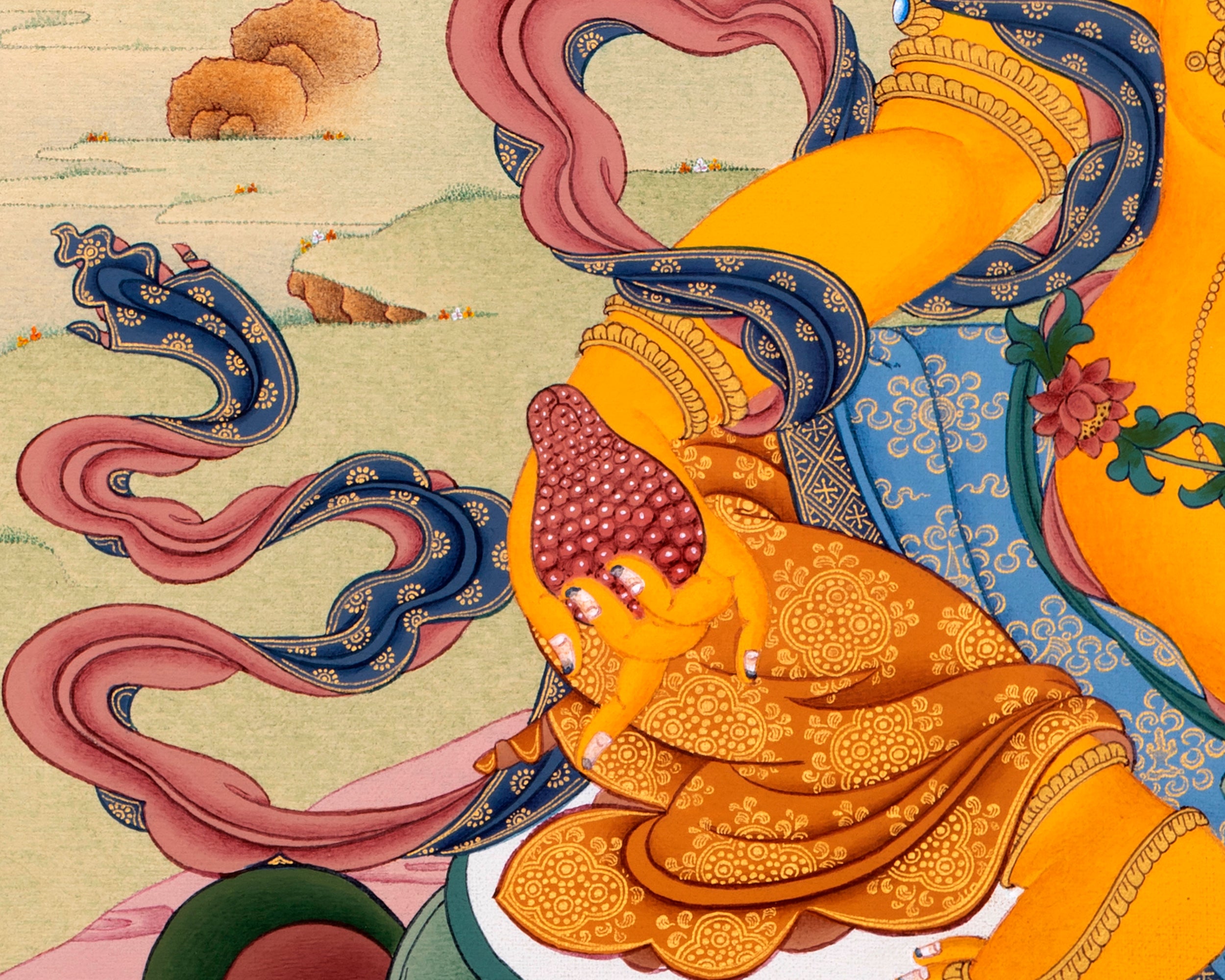 Jambala Thangka | Dzambala Wealth Deity | Tibetan Painting In Natural Stone Colors And 24K Gold