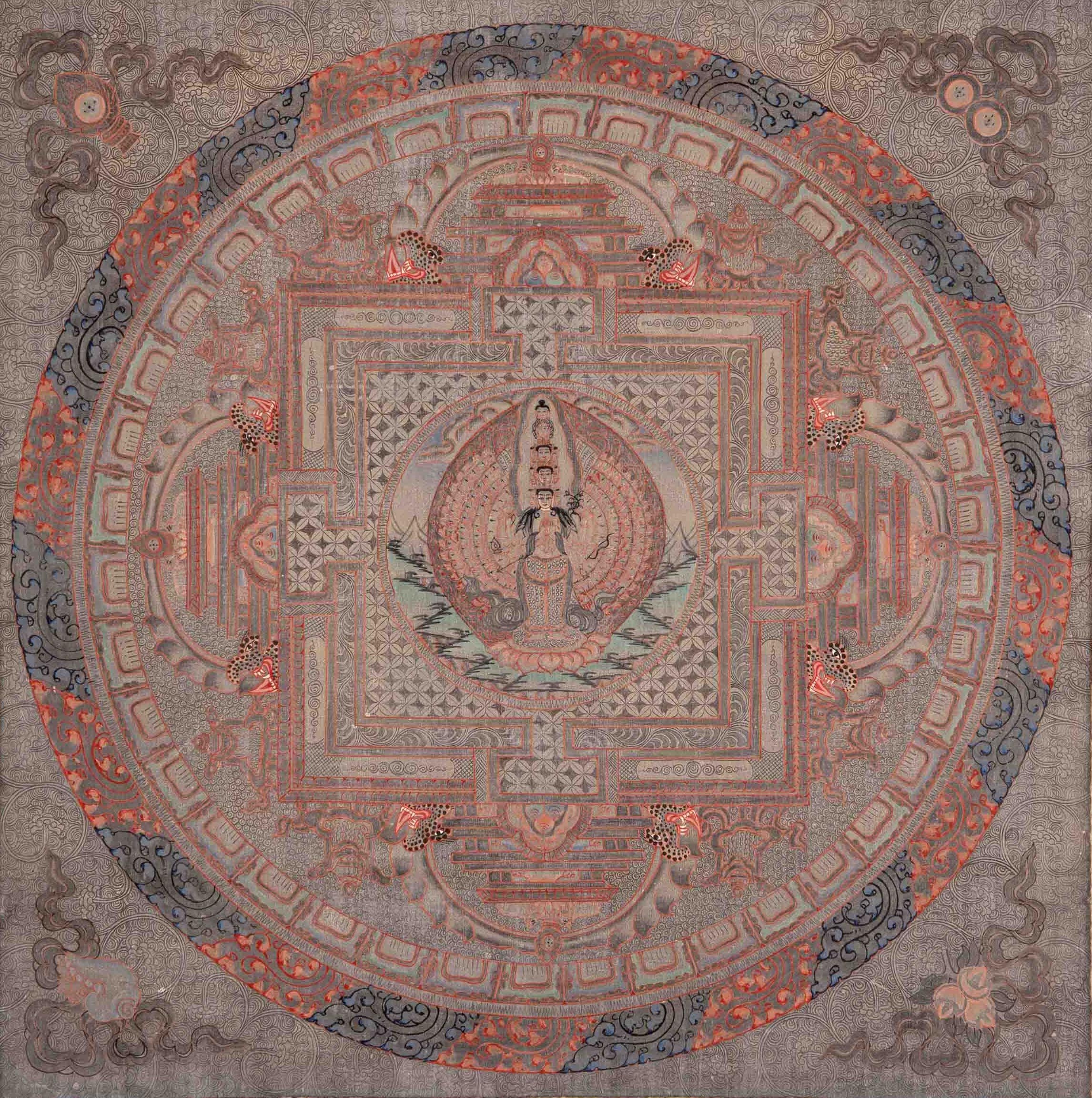 Silver Lokeshvara Mandala with Brocade | Tibetan Chenrezig Wall Hanging