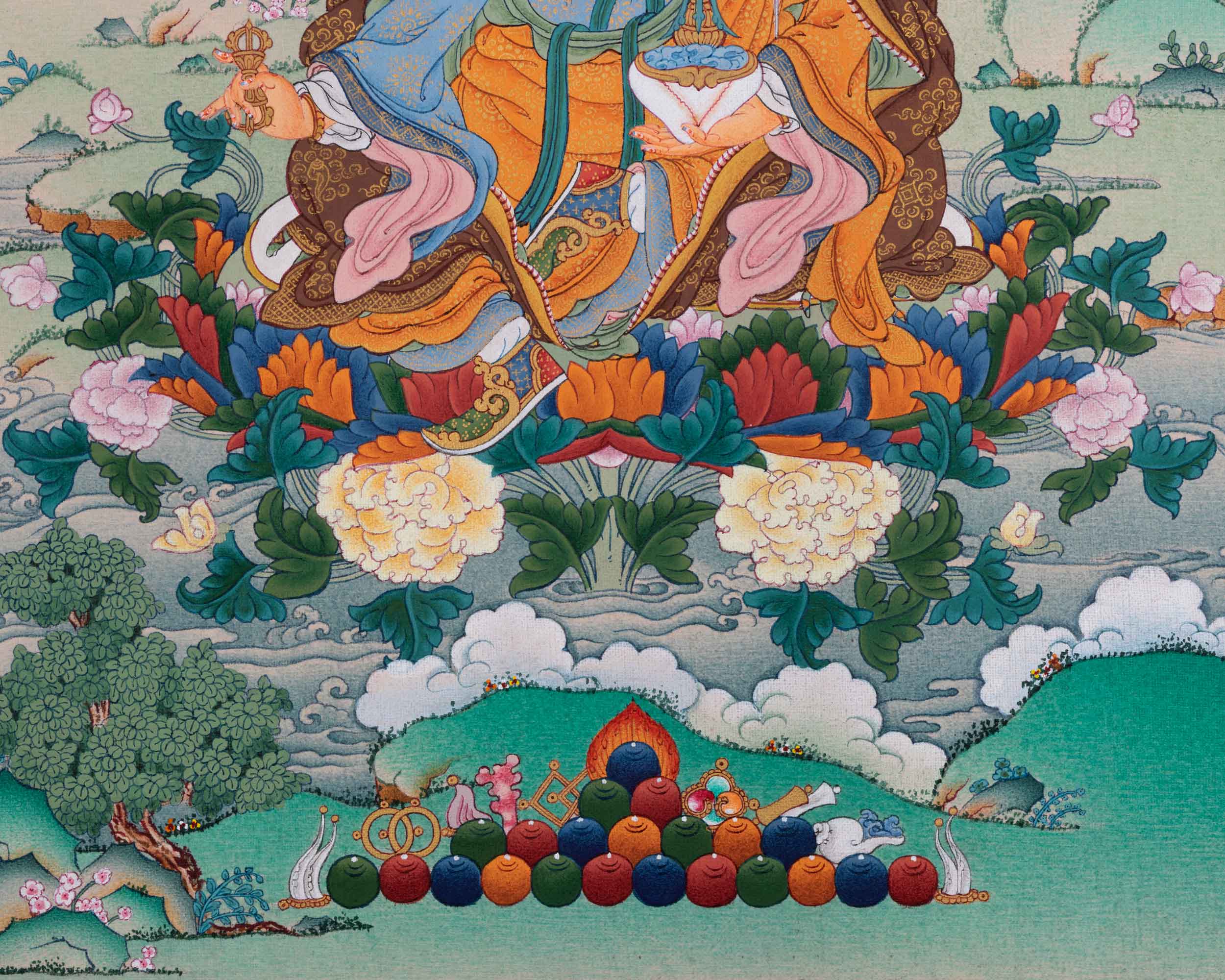 Traditionally Hand-Painted Guru Rinpoche Mantra Thangka | Tibetan Lotus Born Master Art For Prayers