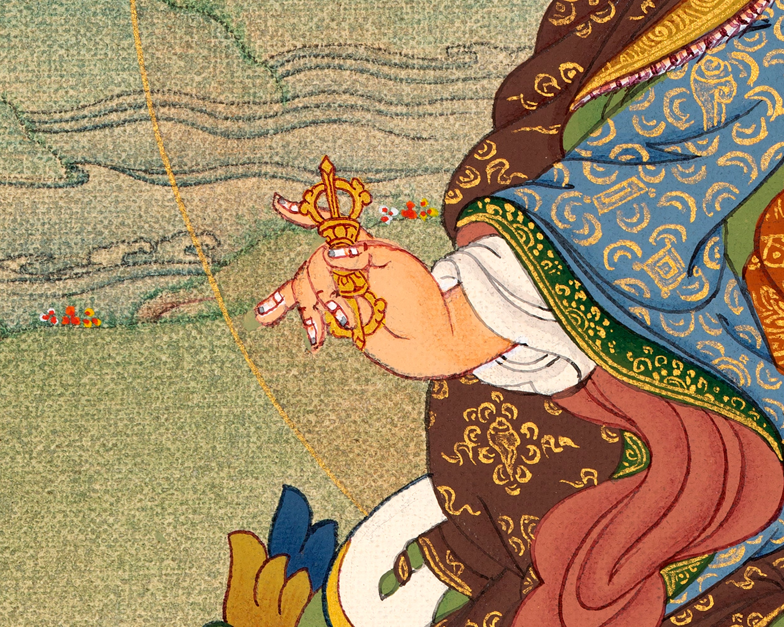 Padmasambhava Thangka | Tibetan Thangka in Natural Stone Color & 24K Gold