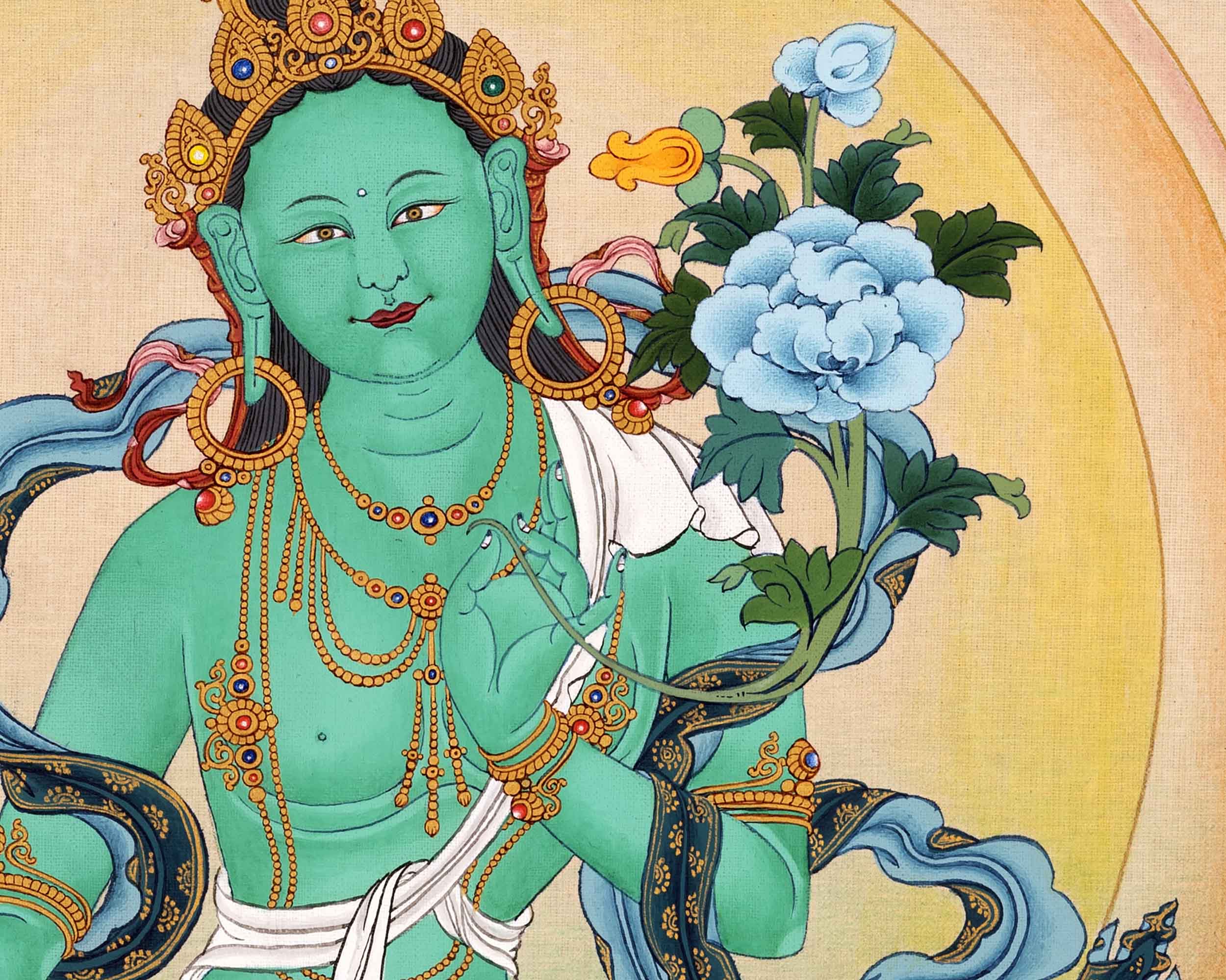 Green Tara Painting Art | Traditional Tibetan Tara Meditation Thangka