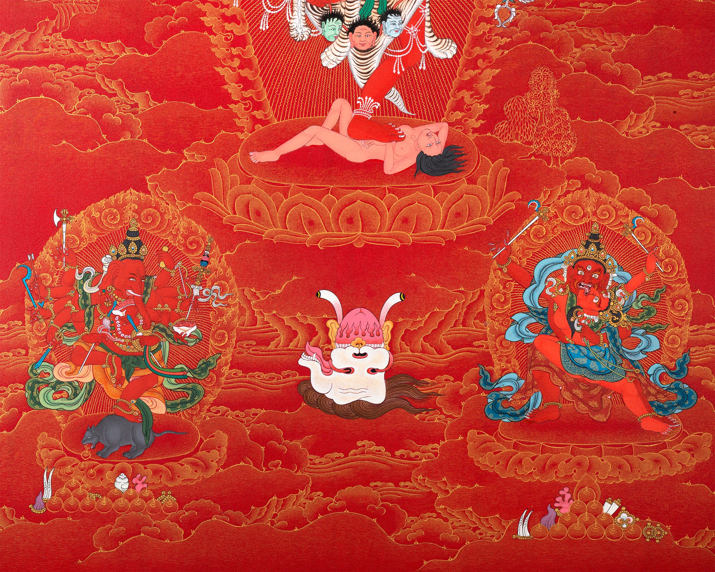 Kurukulla with Ganesh And Takiraja | Tibetan Thangka in Marthang Style