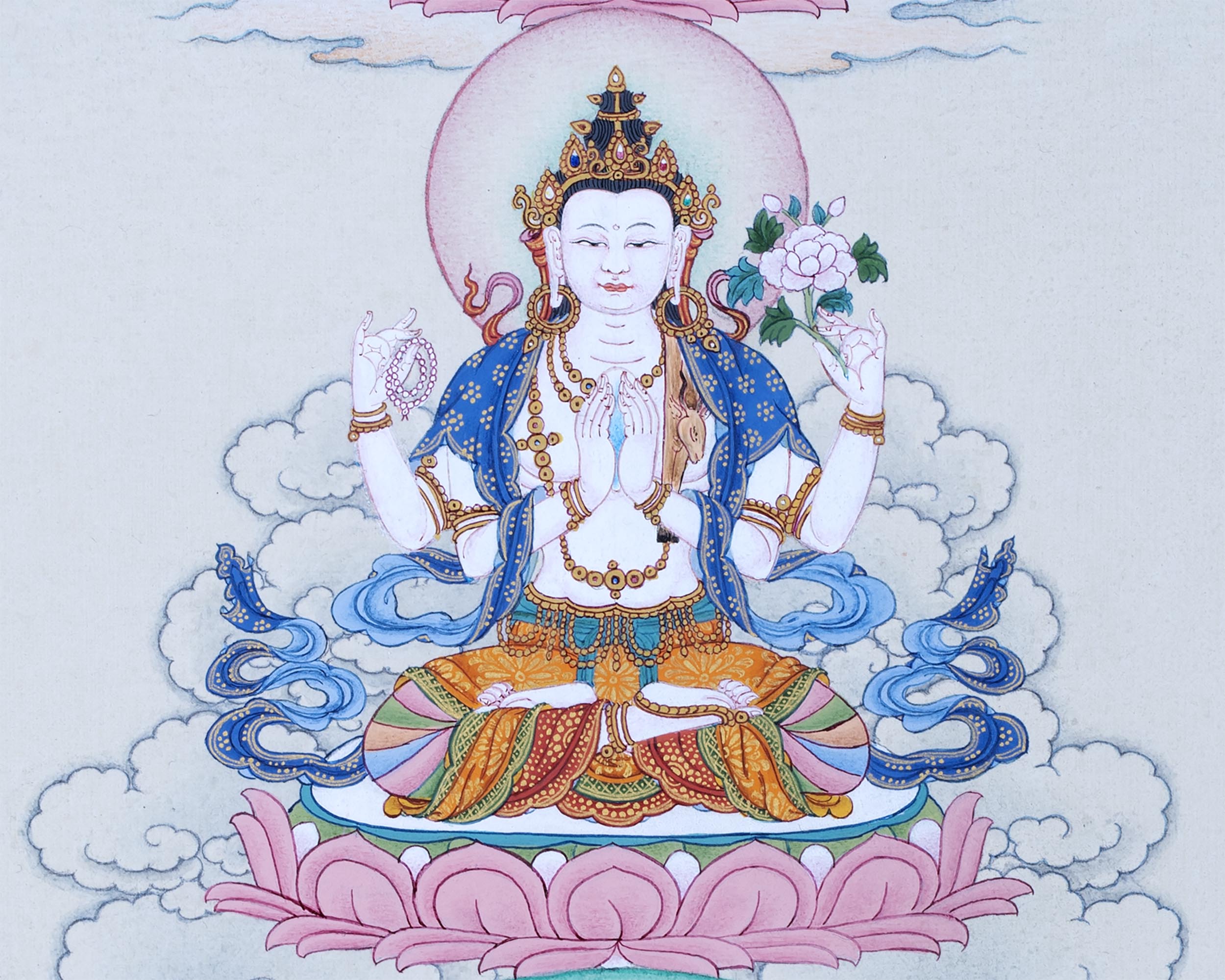 Guru Rinpoche with Chenrezig and Amitabha | Buddha Of Vajrayana | Thangka