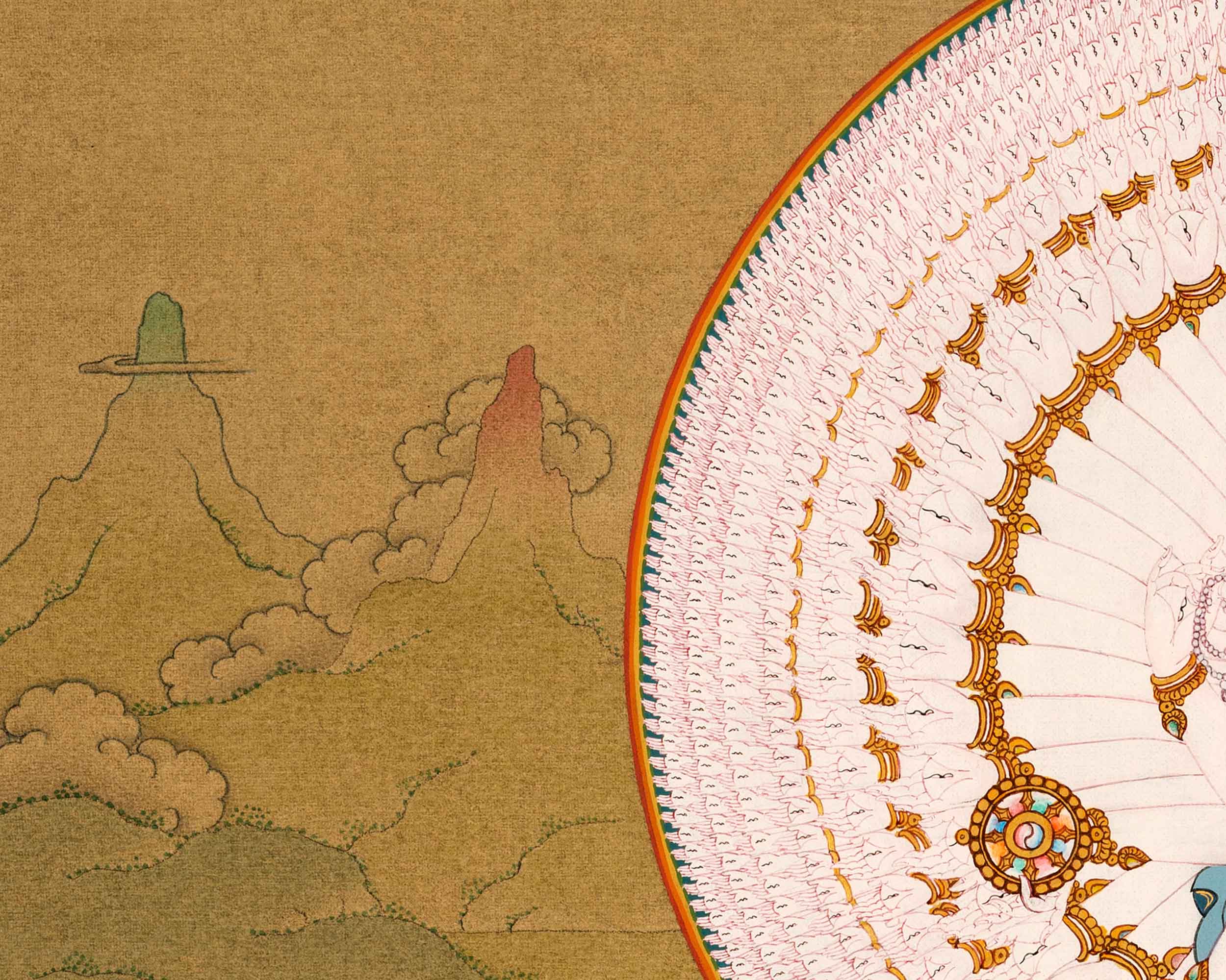 Traditional Chenrezig Avalokiteshvara Thangka | 1000 Armed Chenreizg with Manjushri and Vajrapani