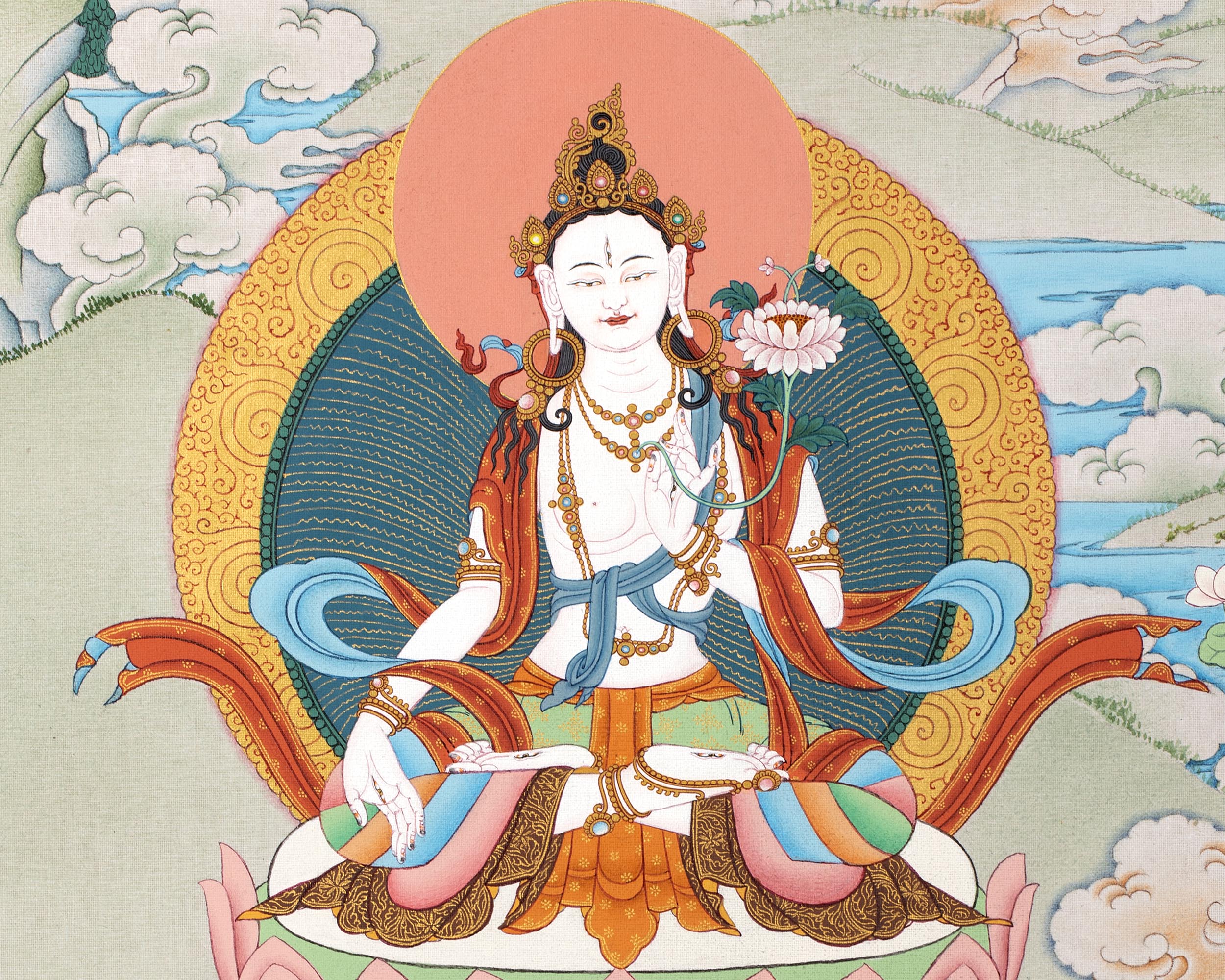 Five Manjushri with Buddha and Bodhisattva Thangka, Tibetan Buddhist Art