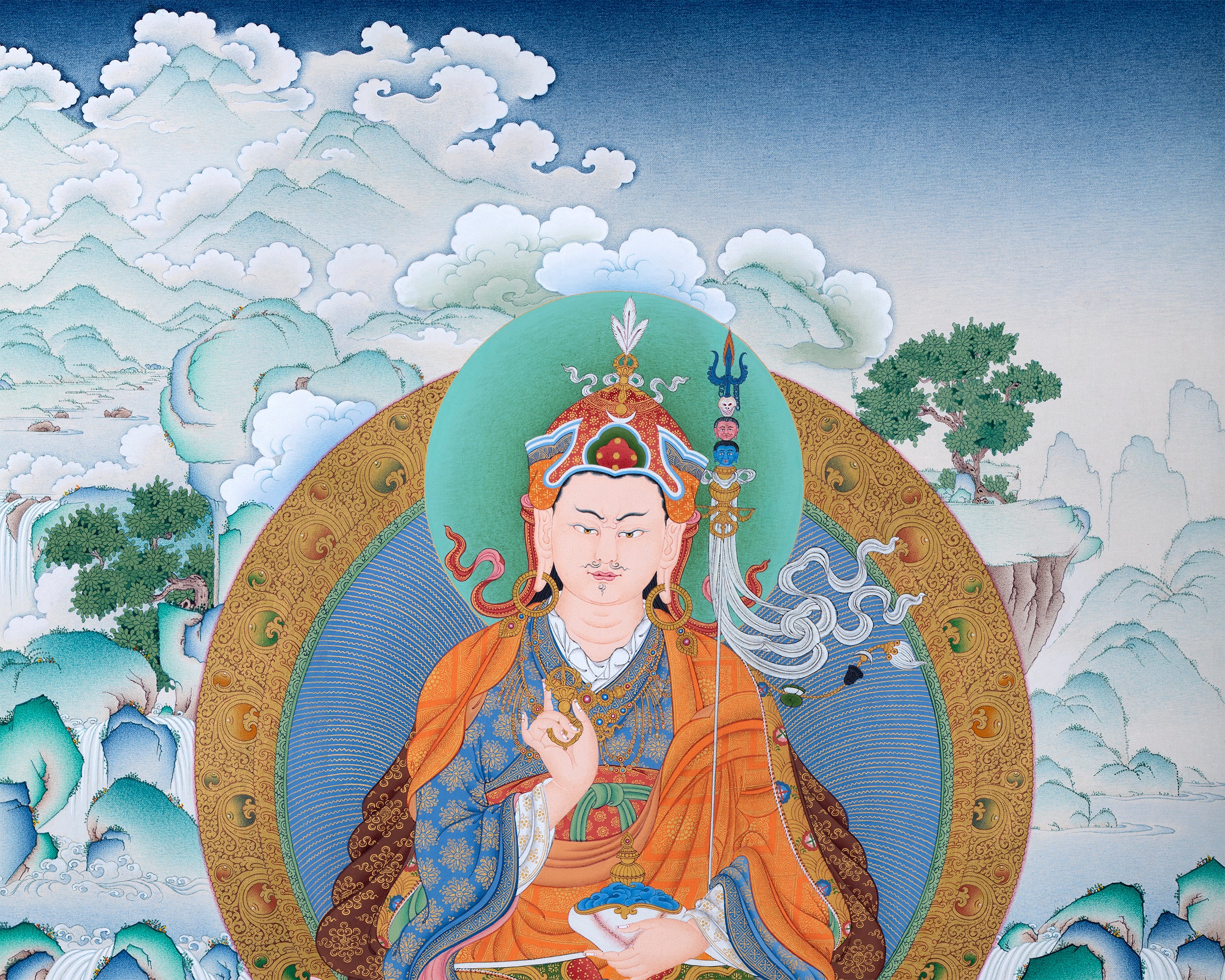 Guru Rinpoche, Padmasambhava Thangka, Tibetan Buddhist Painting in Natural Stone Color & 24K Gold (includes a silk brocade)