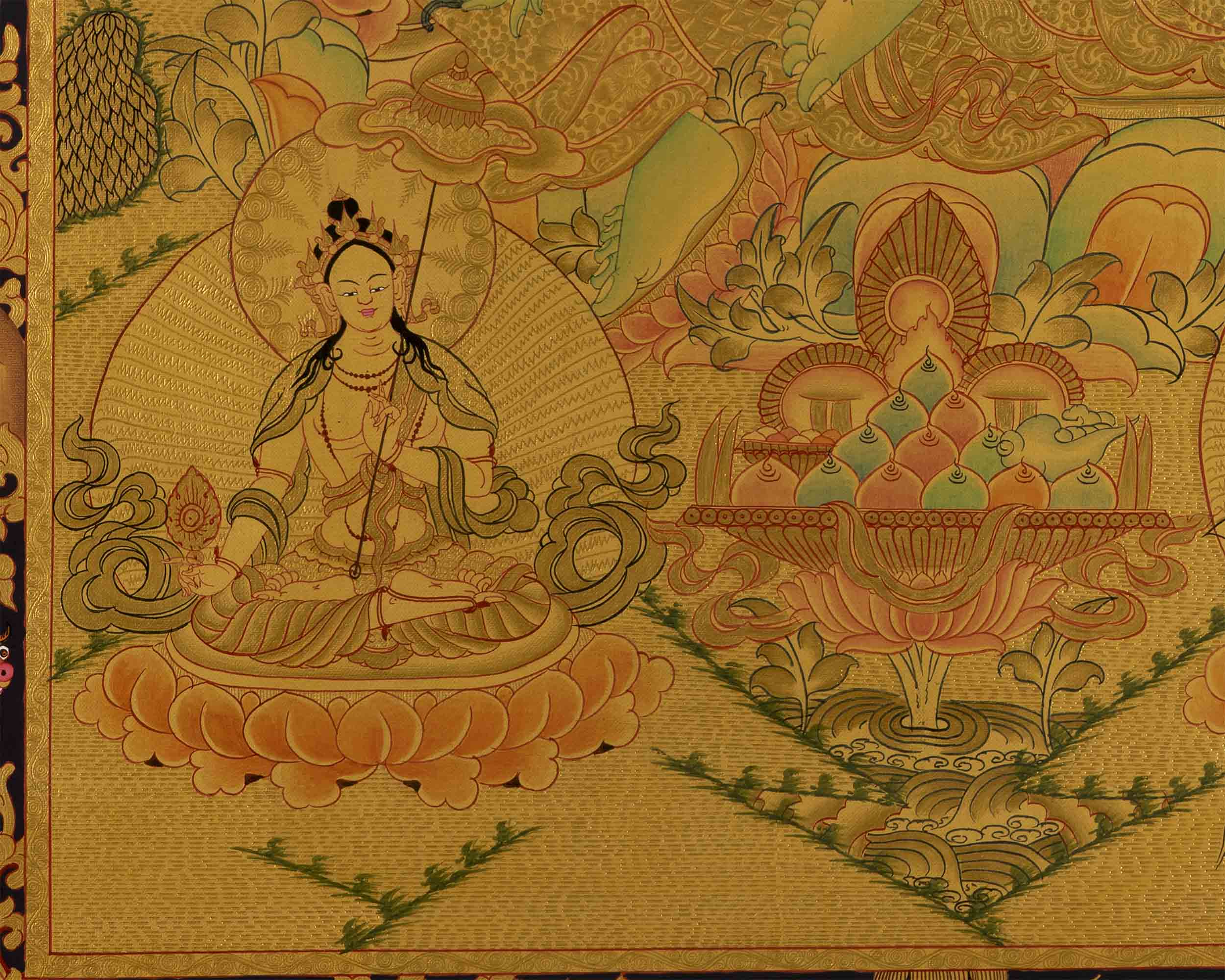 Gold Green Tara Thangka | Religious Buddhist Painting | Wall Decors