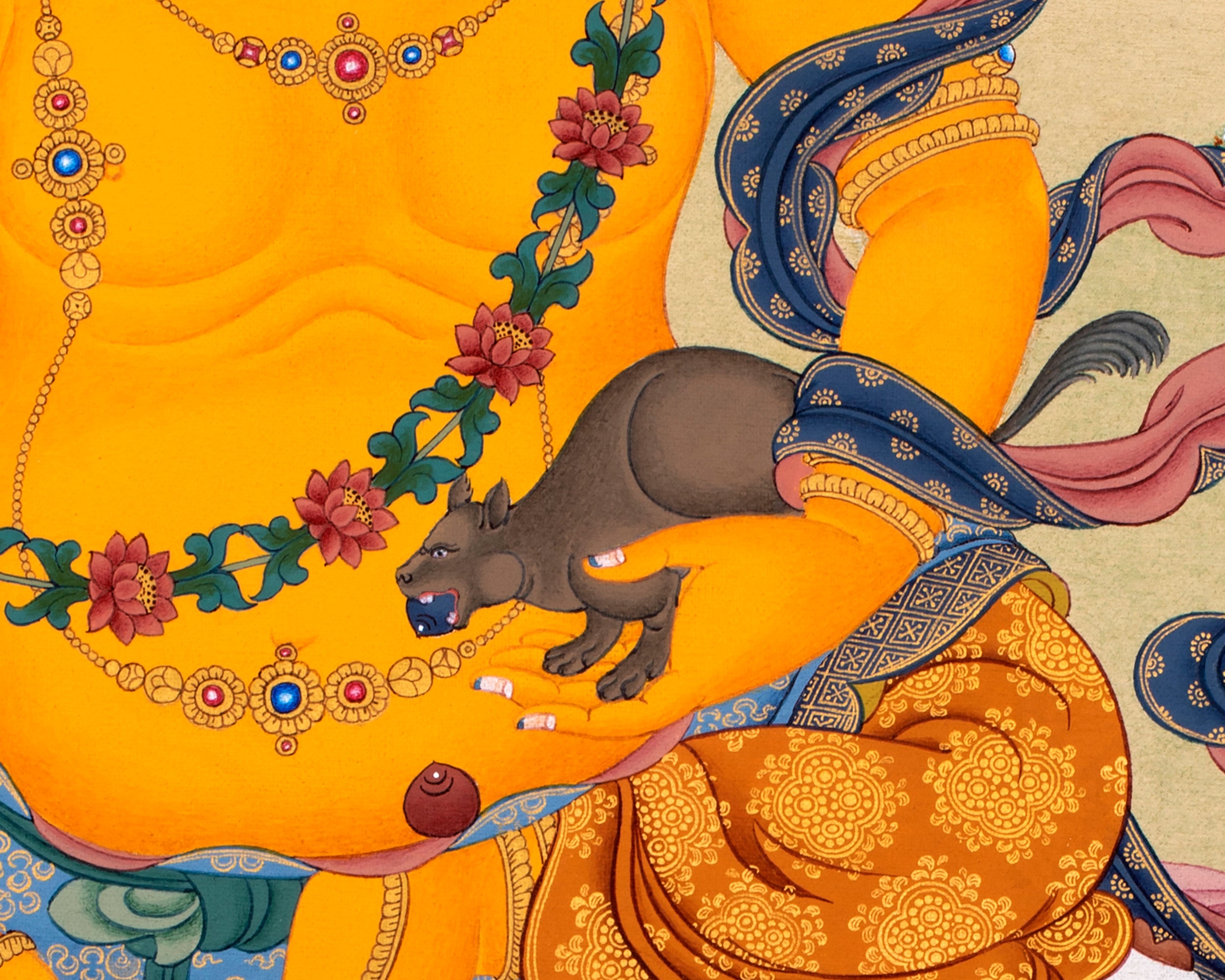 Jambala Thangka | Dzambala Wealth Deity | Tibetan Painting In Natural Stone Colors And 24K Gold
