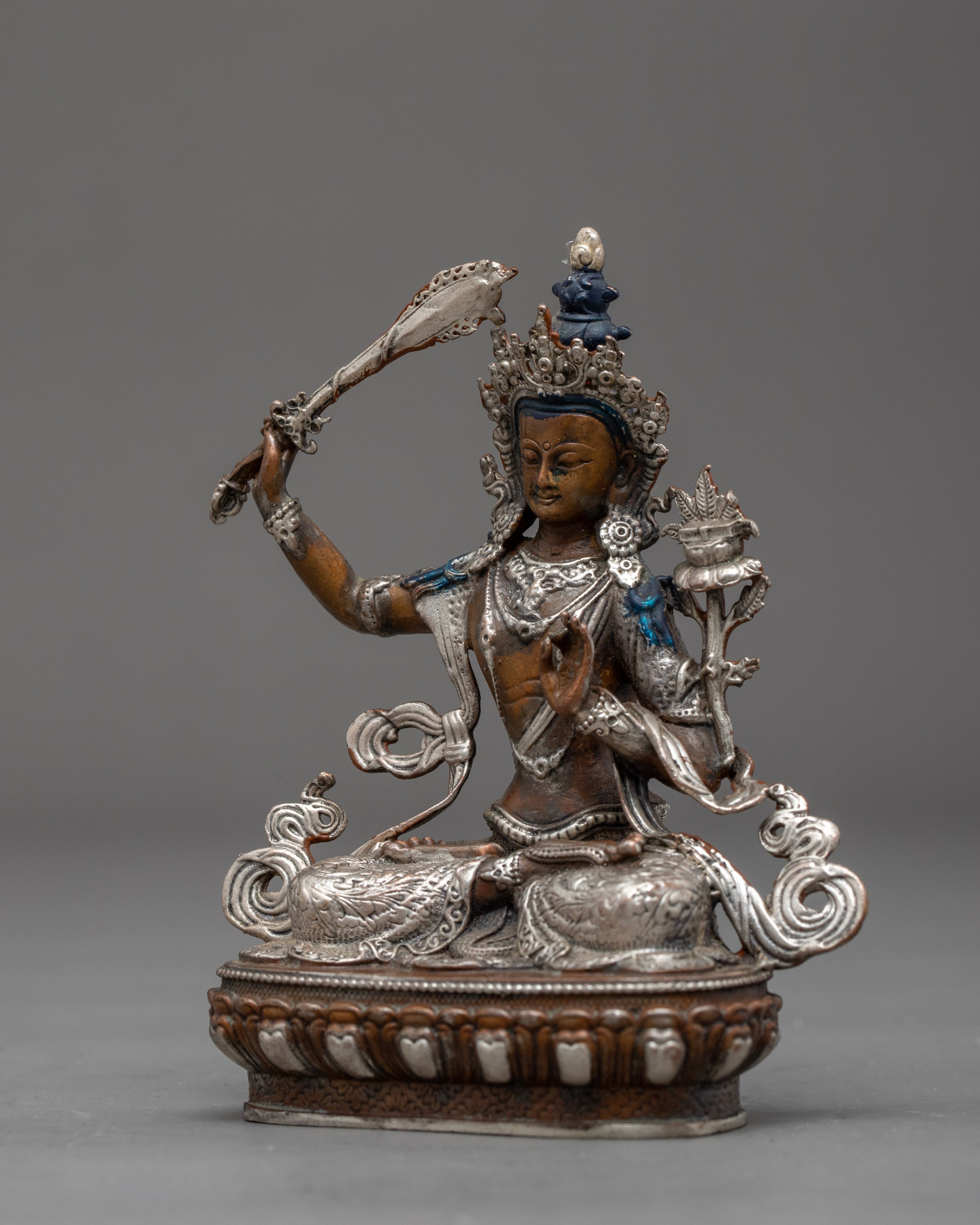 Silver Plated Manjushri Statue | Traditional Himalayan Art