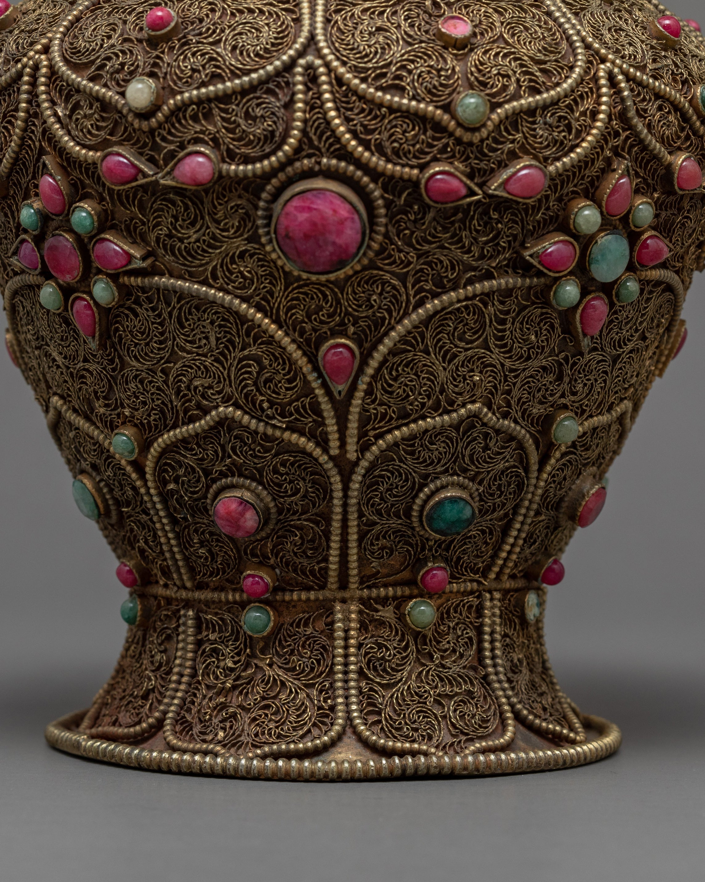 Rare Offering Alms Bowl | Old Tibetan Filigree Carving Gemstones Inlay | Ritual Items