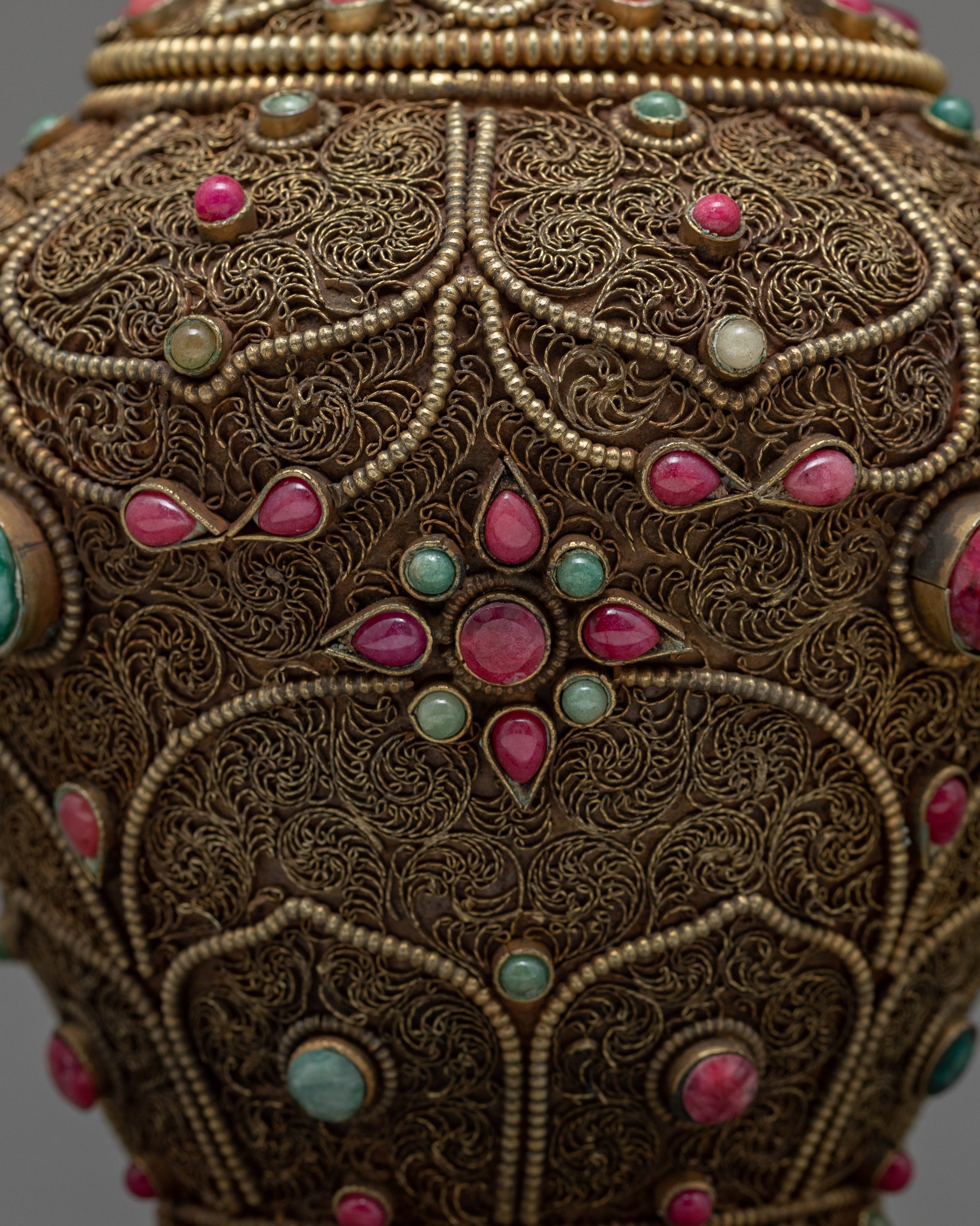 Rare Offering Alms Bowl | Old Tibetan Filigree Carving Gemstones Inlay | Ritual Items